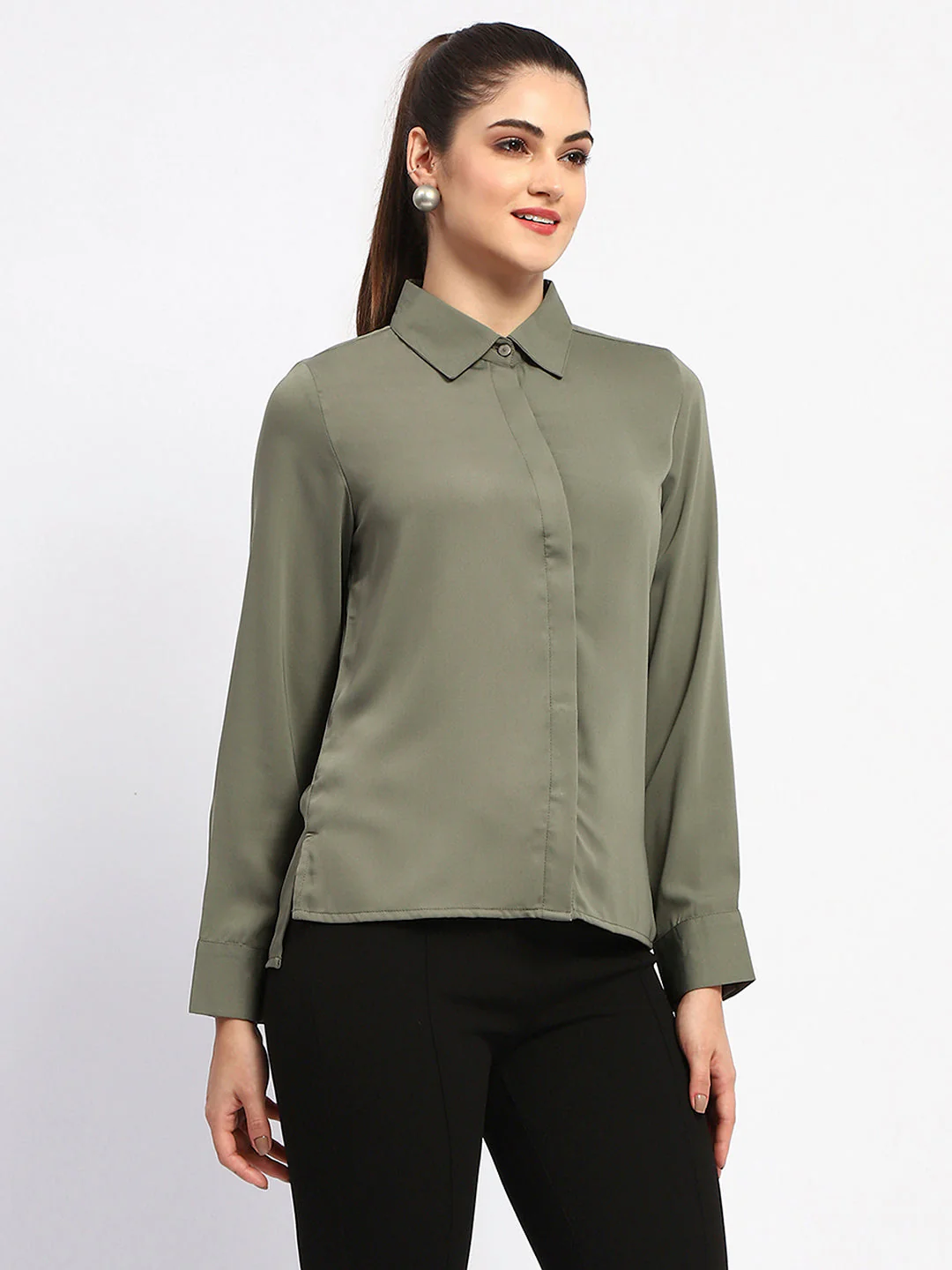 Madame Solid Green Cuff Sleeve Shirt - Image 3