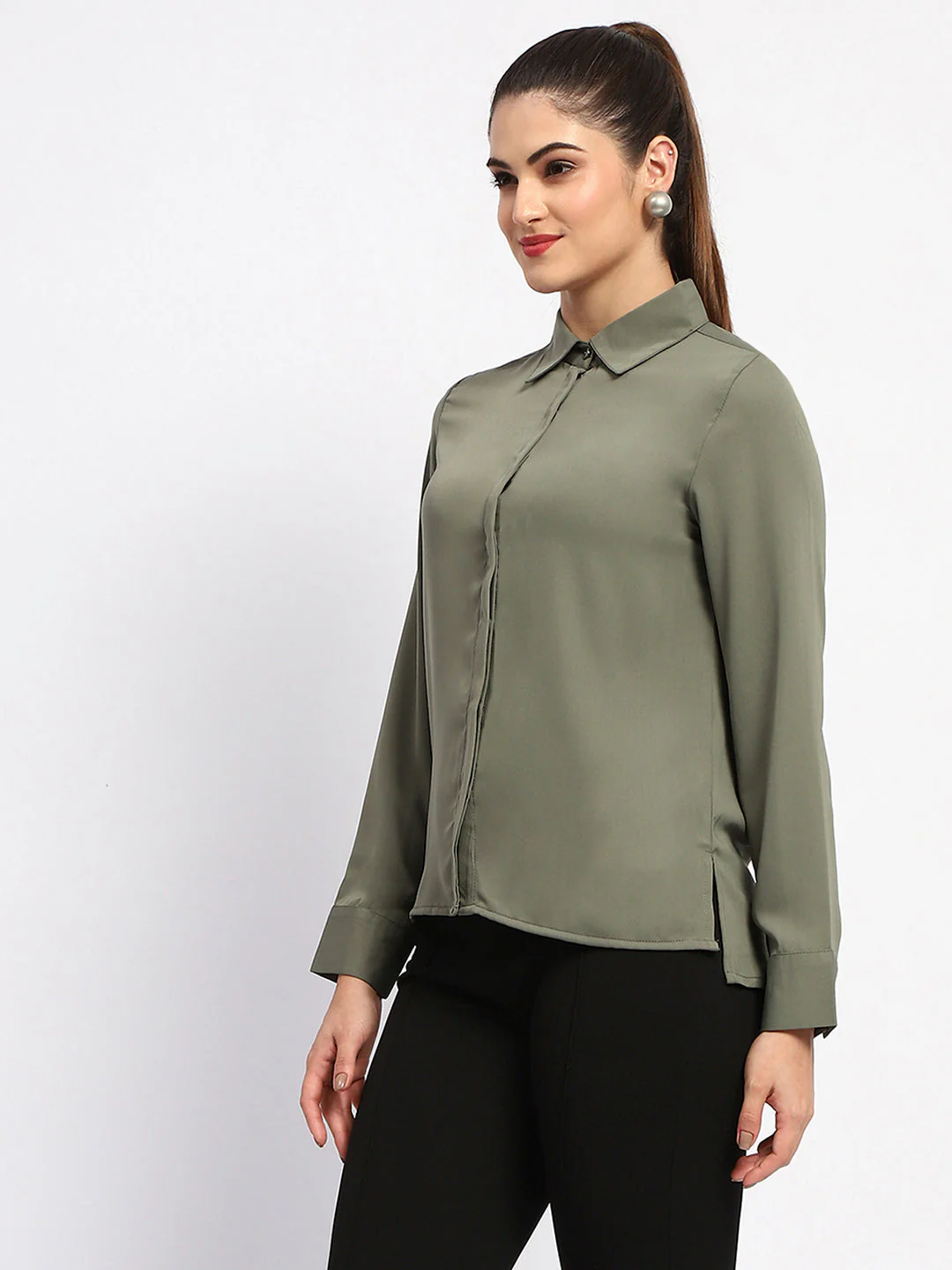 Madame Solid Green Cuff Sleeve Shirt - Image 4