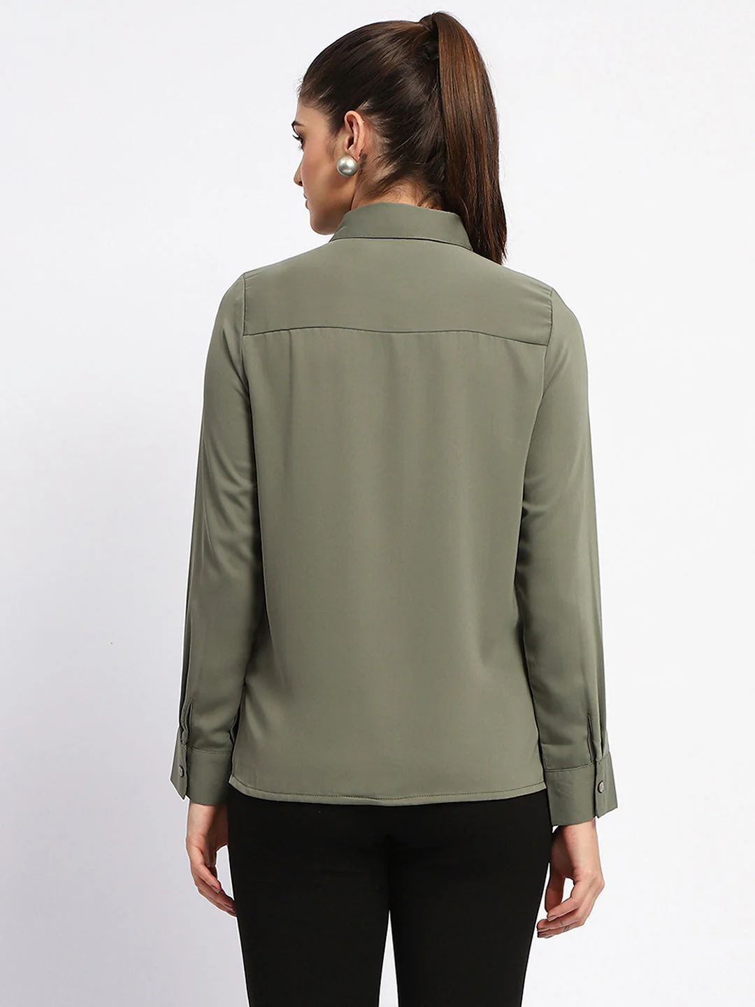 Madame Solid Green Cuff Sleeve Shirt - Image 5