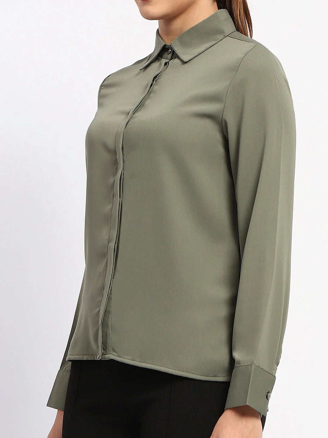 Madame Solid Green Cuff Sleeve Shirt - Image 6