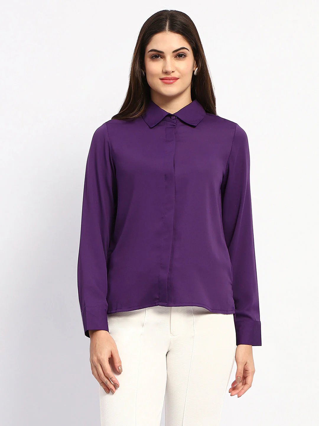 Madame Solid Purple Cuff Sleeve Shirt - Image 2