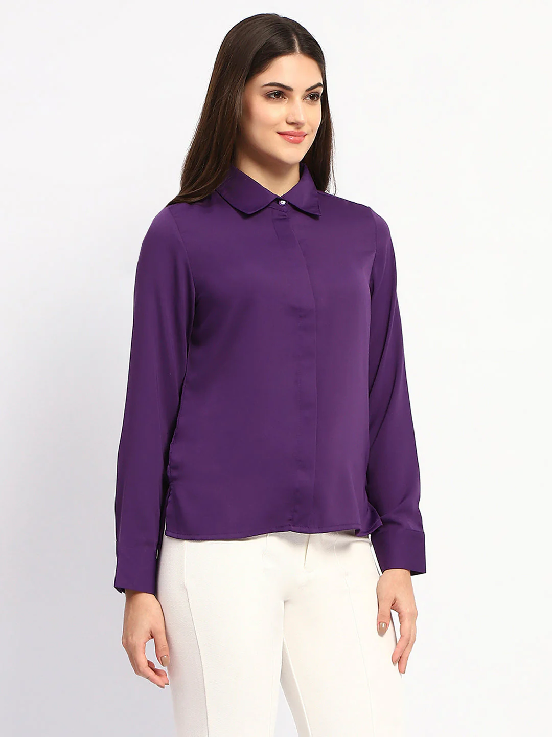 Madame Solid Purple Cuff Sleeve Shirt - Image 3