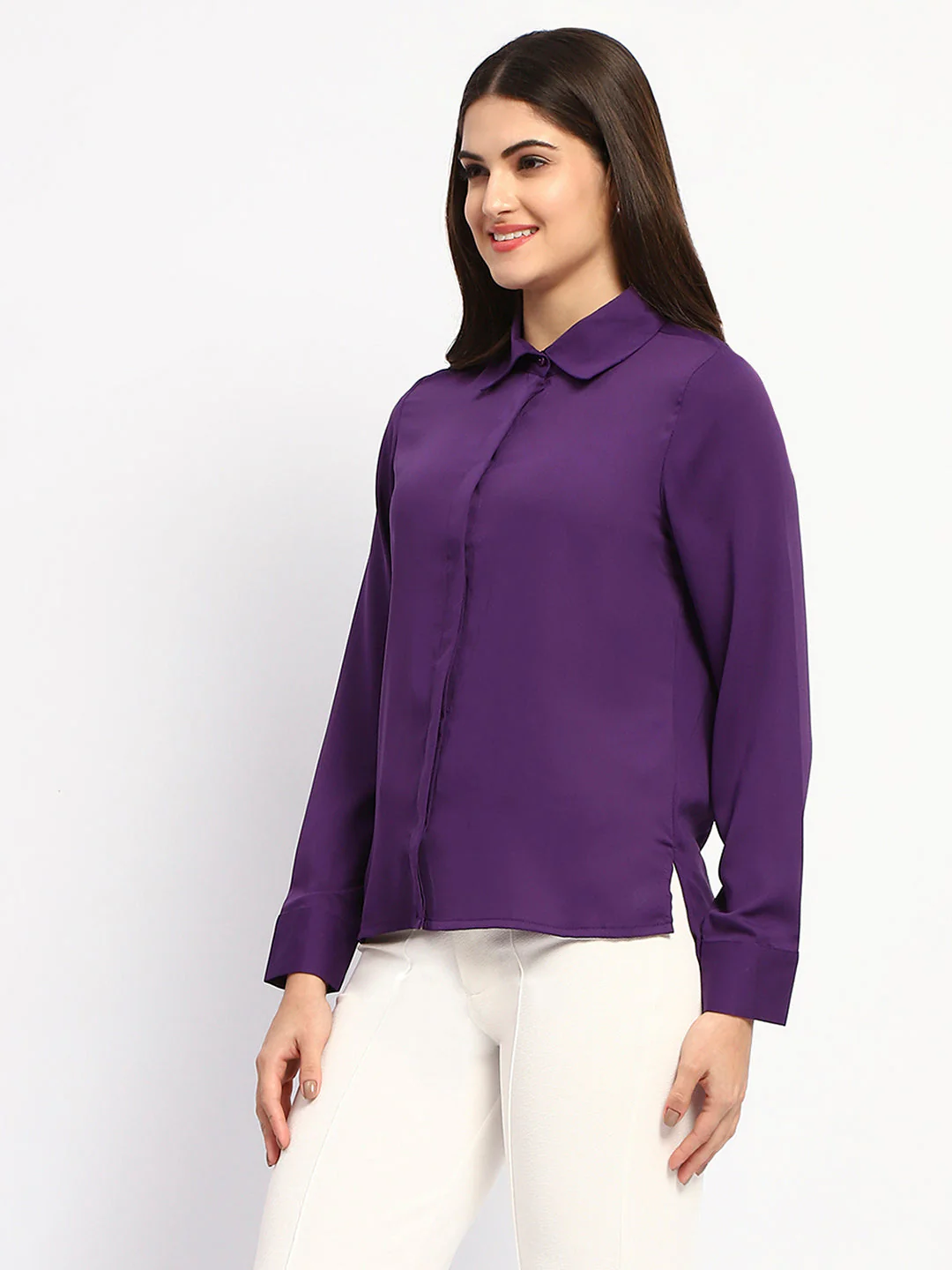 Madame Solid Purple Cuff Sleeve Shirt - Image 4