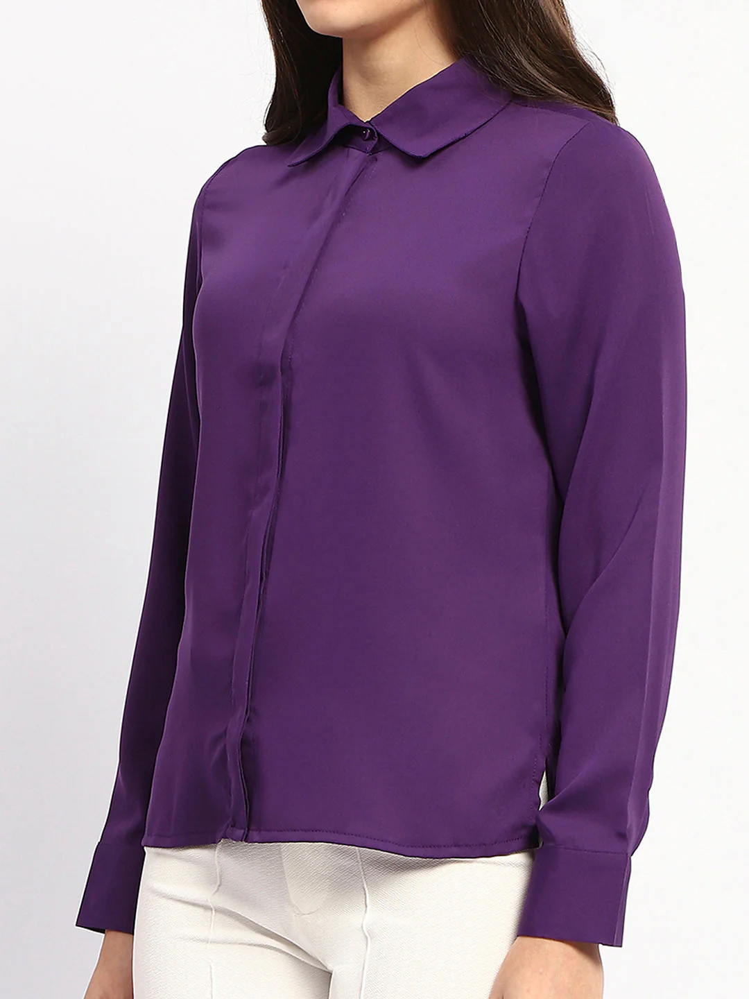 Madame Solid Purple Cuff Sleeve Shirt - Image 6