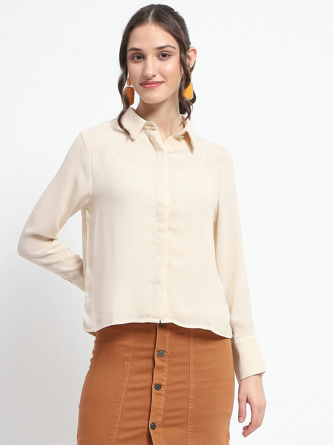 Madame Embellished Button Down Solid Beige Shirt Collar Shirt - Image 3