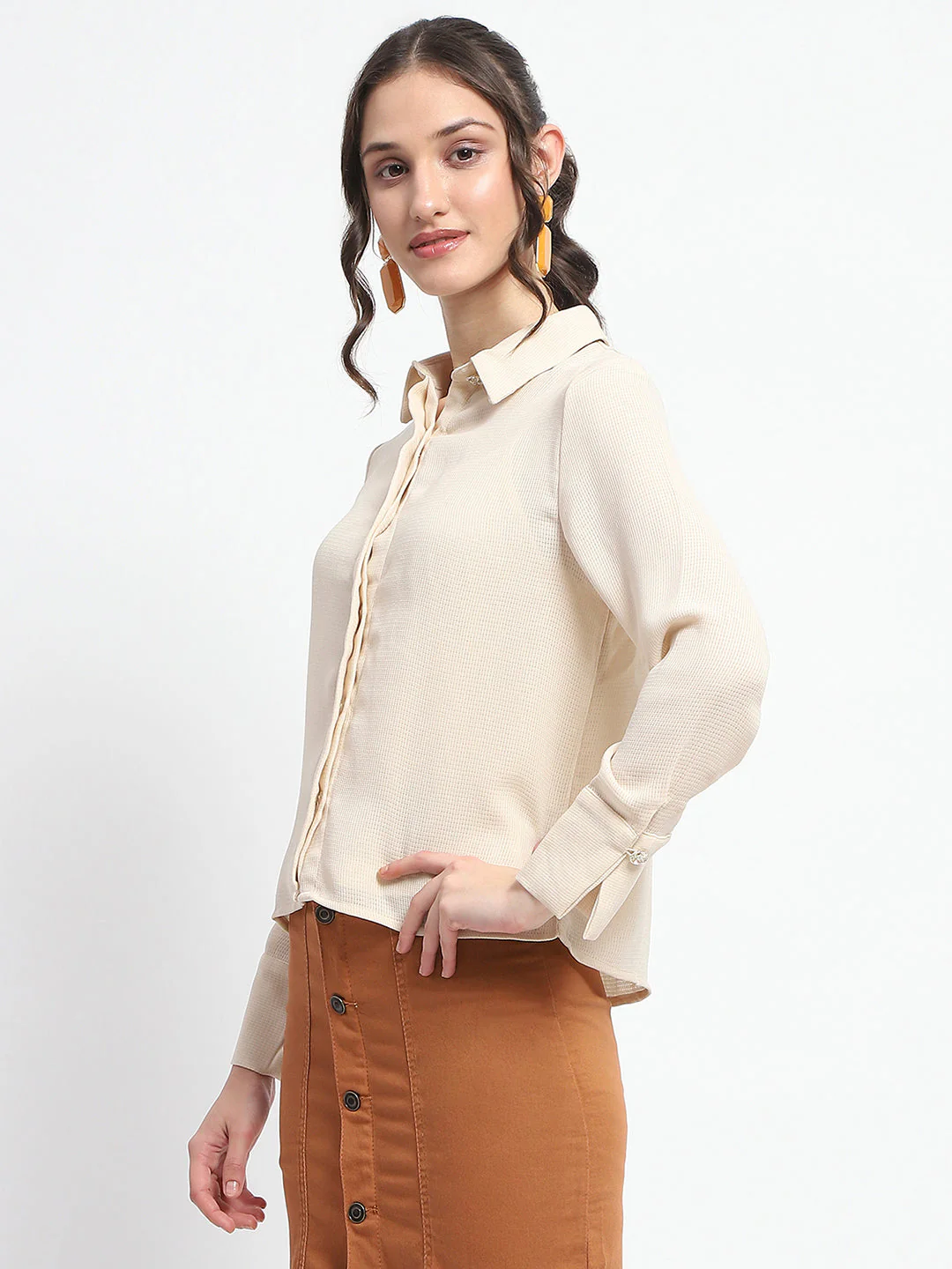 Madame Embellished Button Down Solid Beige Shirt Collar Shirt - Image 4