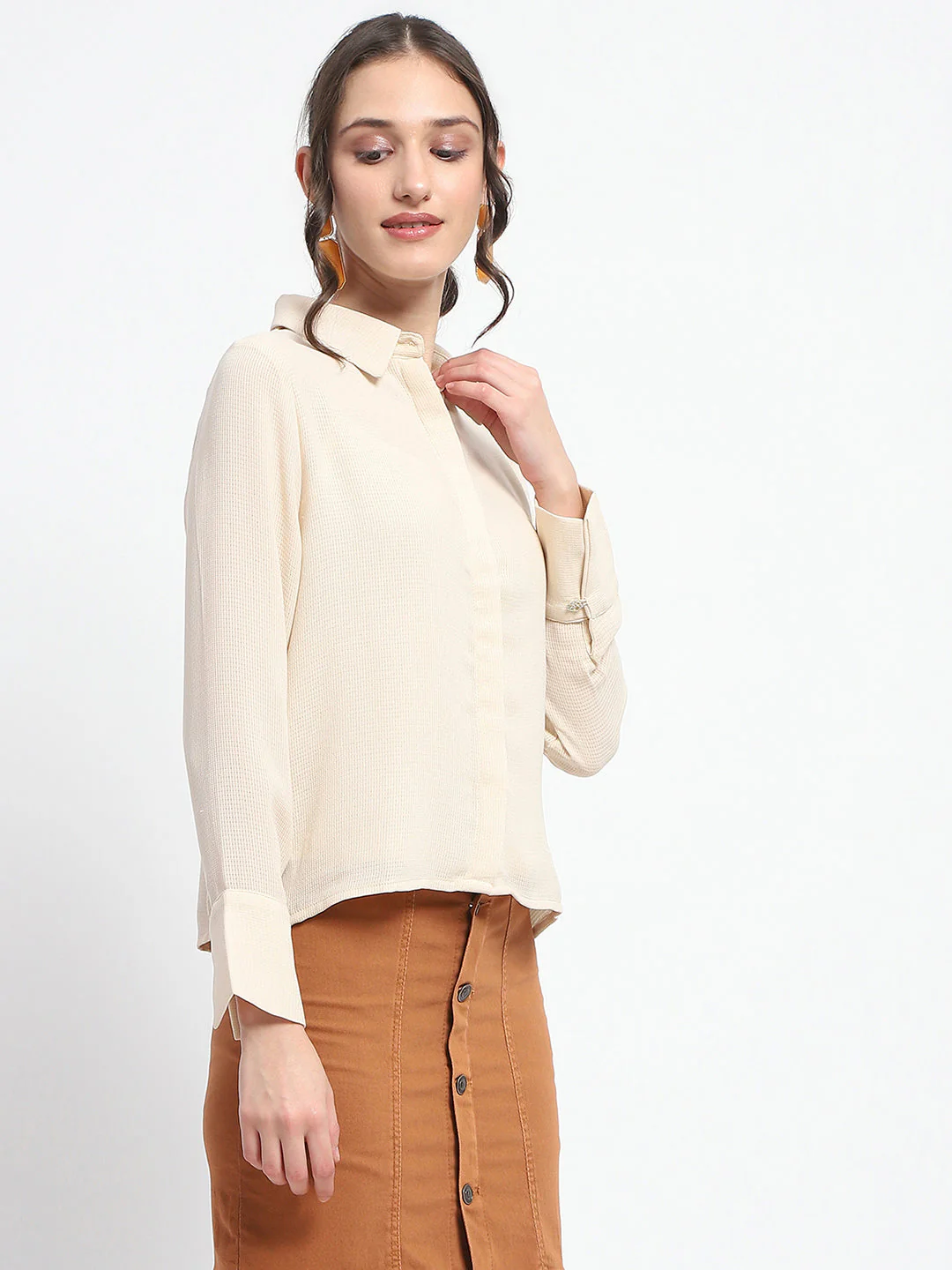Madame Embellished Button Down Solid Beige Shirt Collar Shirt - Image 5