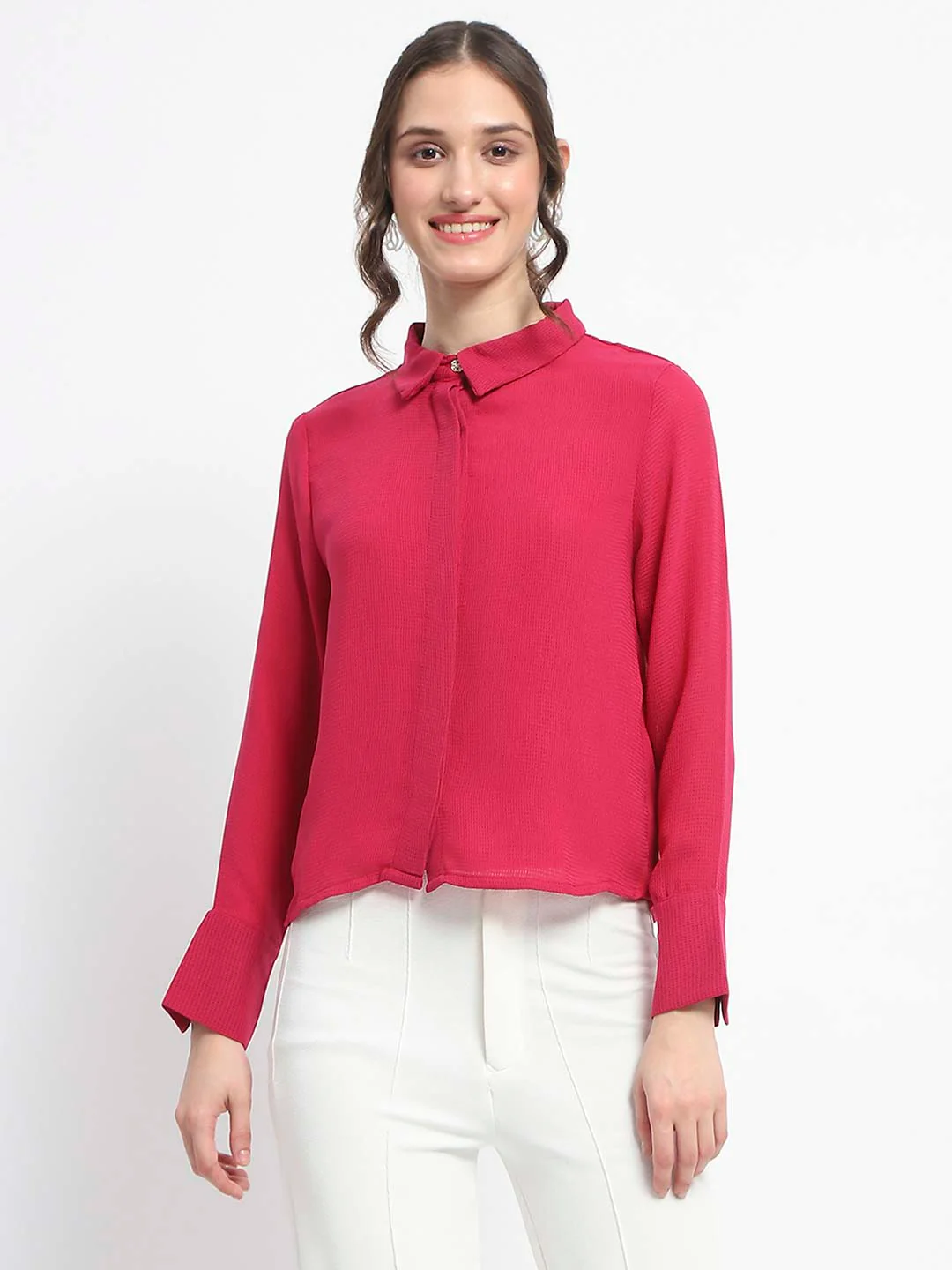 Madame Embellished Button Down Solid Hot Pink Shirt - Image 3