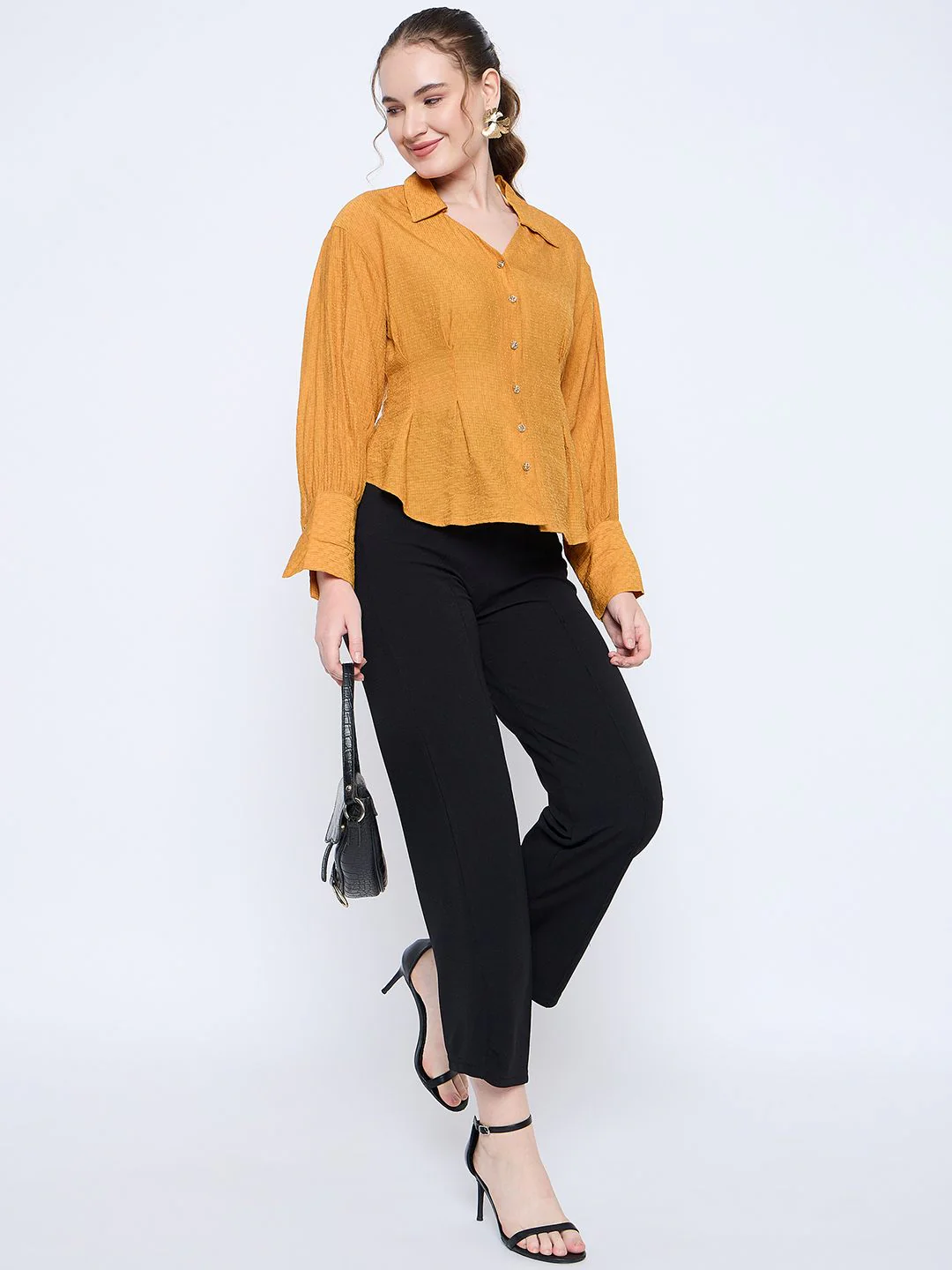 Madame Pleat Detailed Pearl Buttoned Solid Mustard Yellow Shirt - Image 2