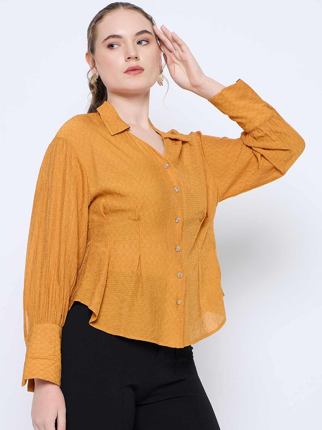 Madame Pleat Detailed Pearl Buttoned Solid Mustard Yellow Shirt - Image 4