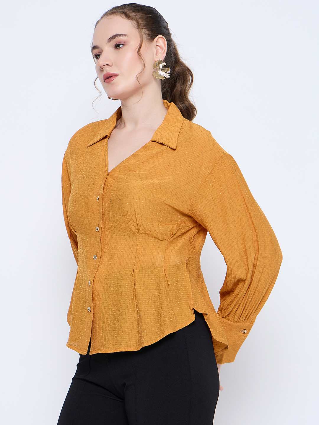 Madame Pleat Detailed Pearl Buttoned Solid Mustard Yellow Shirt - Image 5