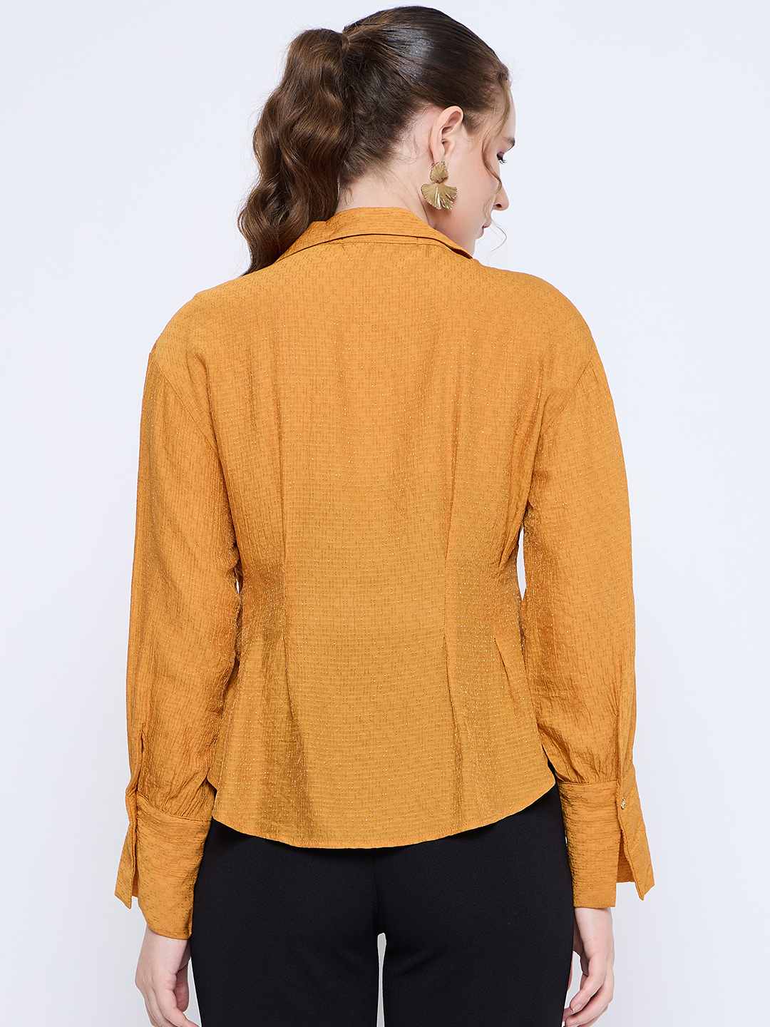 Madame Pleat Detailed Pearl Buttoned Solid Mustard Yellow Shirt - Image 6