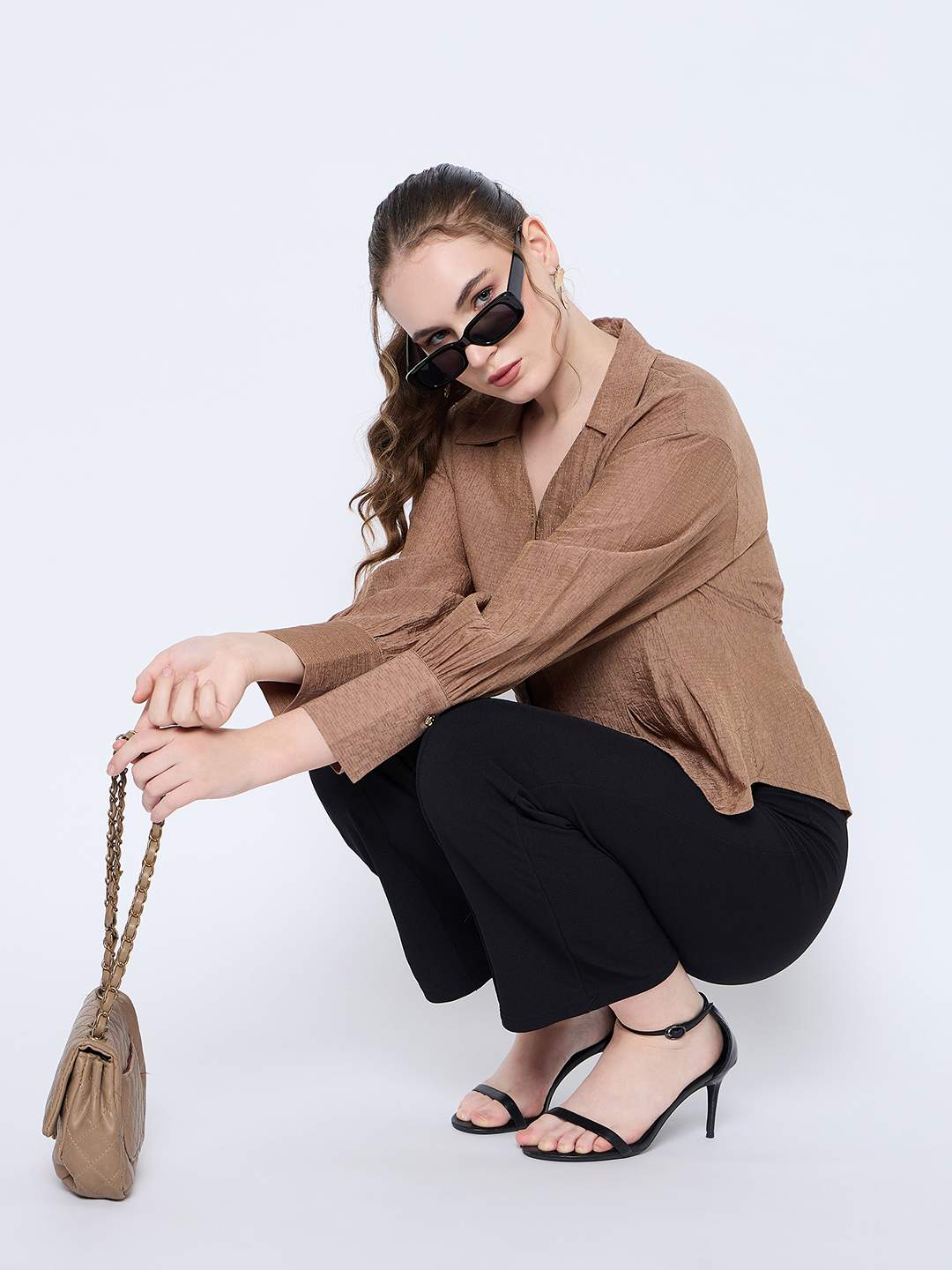Madame Solid Tan Wing Neck Button Down Cuff Sleeve Shirt - Image 3