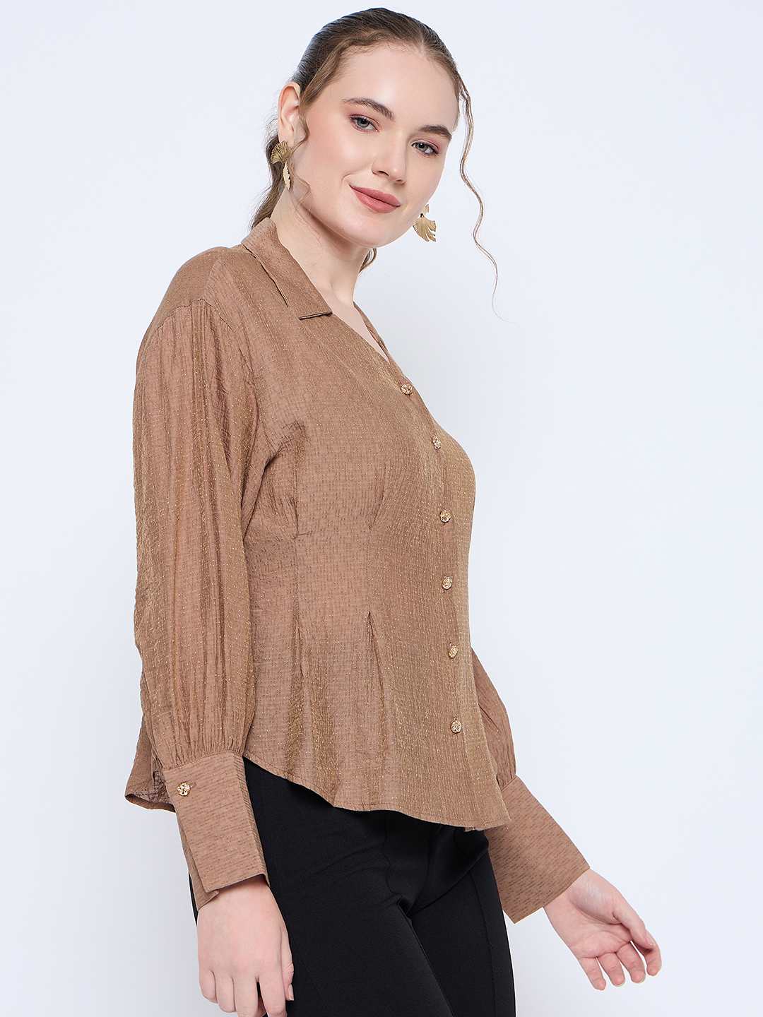 Madame Solid Tan Wing Neck Button Down Cuff Sleeve Shirt - Image 4