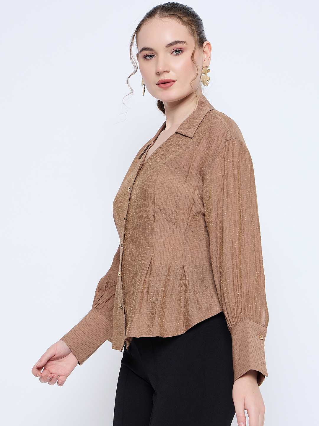 Madame Solid Tan Wing Neck Button Down Cuff Sleeve Shirt - Image 5