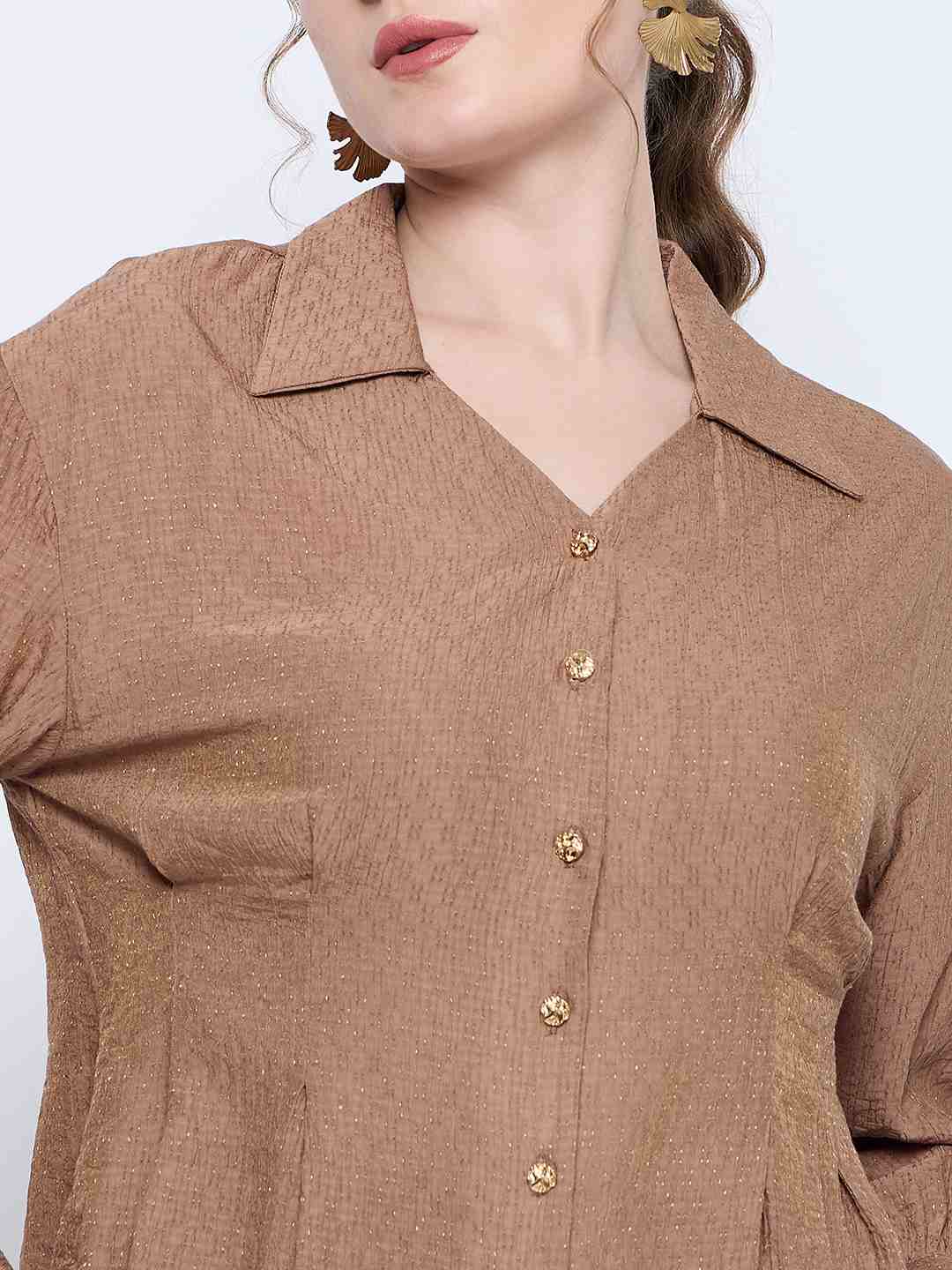 Madame Solid Tan Wing Neck Button Down Cuff Sleeve Shirt - Image 7