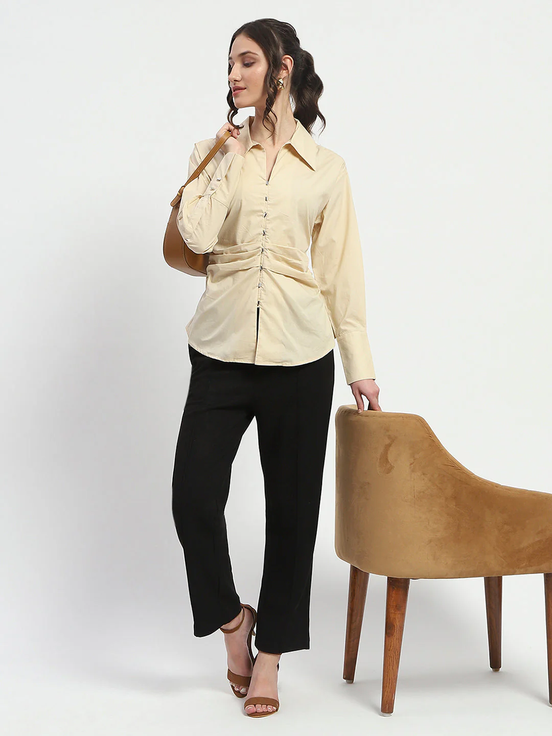 Madame Ruched Waist Wing Necked Solid Beige Cotton Shirt - Image 2