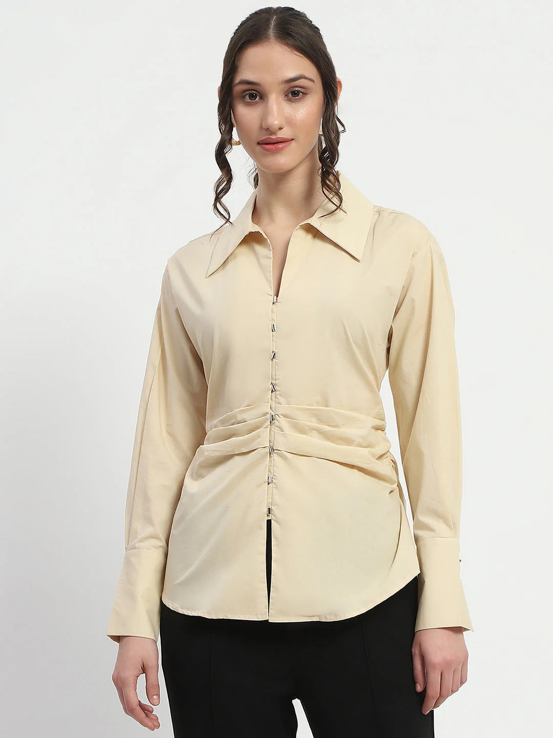 Madame Ruched Waist Wing Necked Solid Beige Cotton Shirt - Image 3
