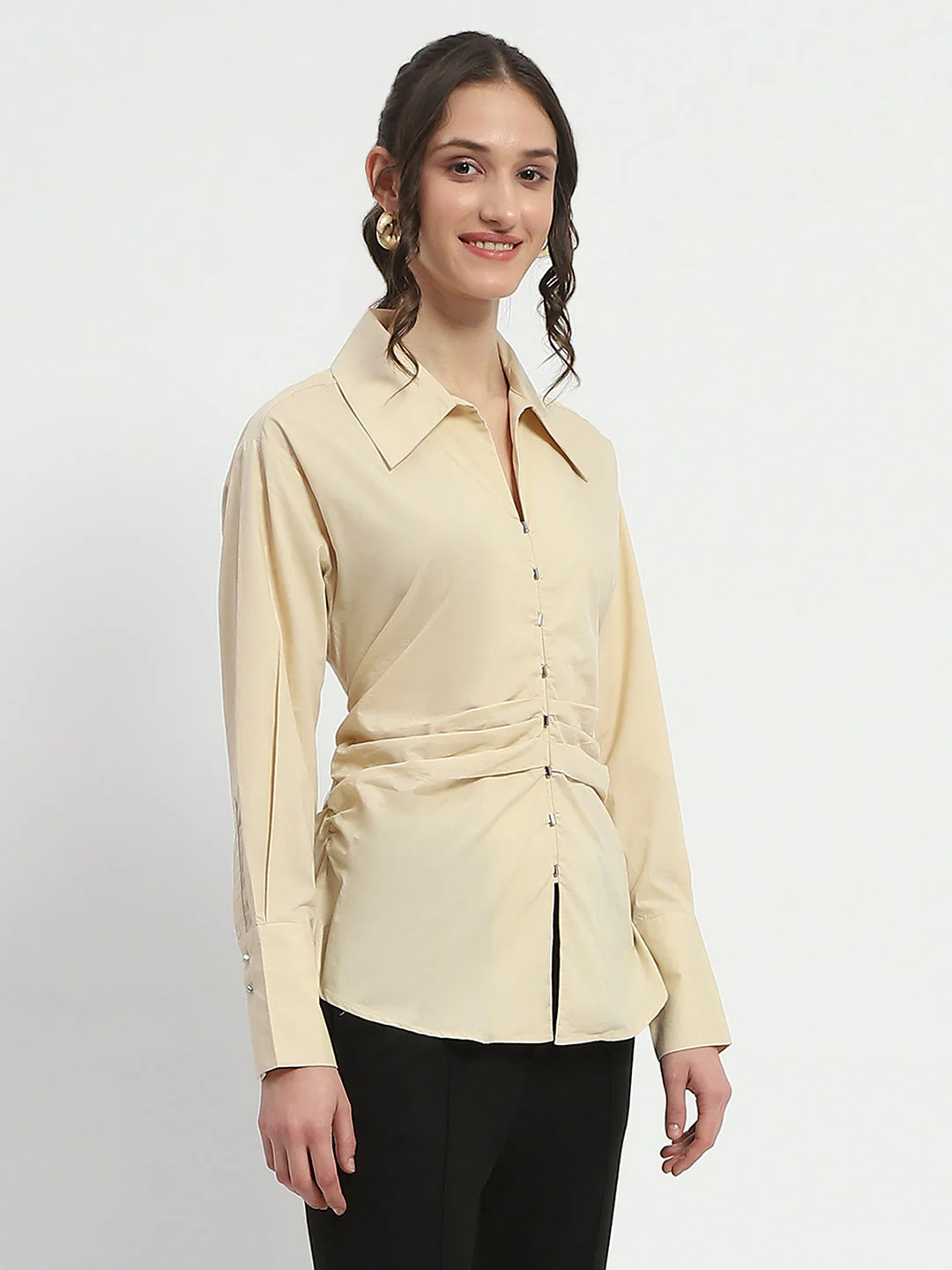 Madame Ruched Waist Wing Necked Solid Beige Cotton Shirt - Image 4