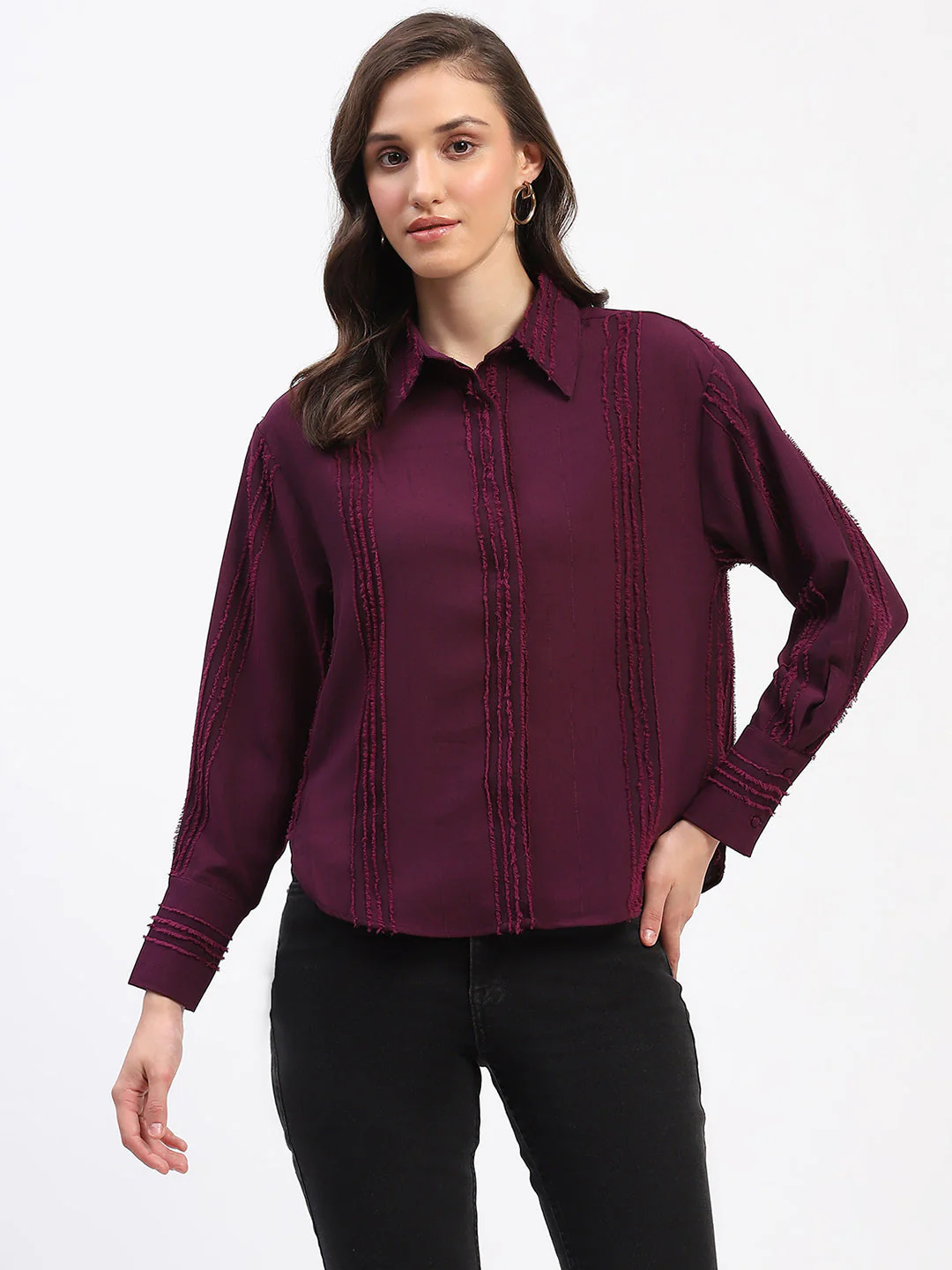 Madame Frayed Detailing Cuff Sleeve Plum Shirt - Image 2