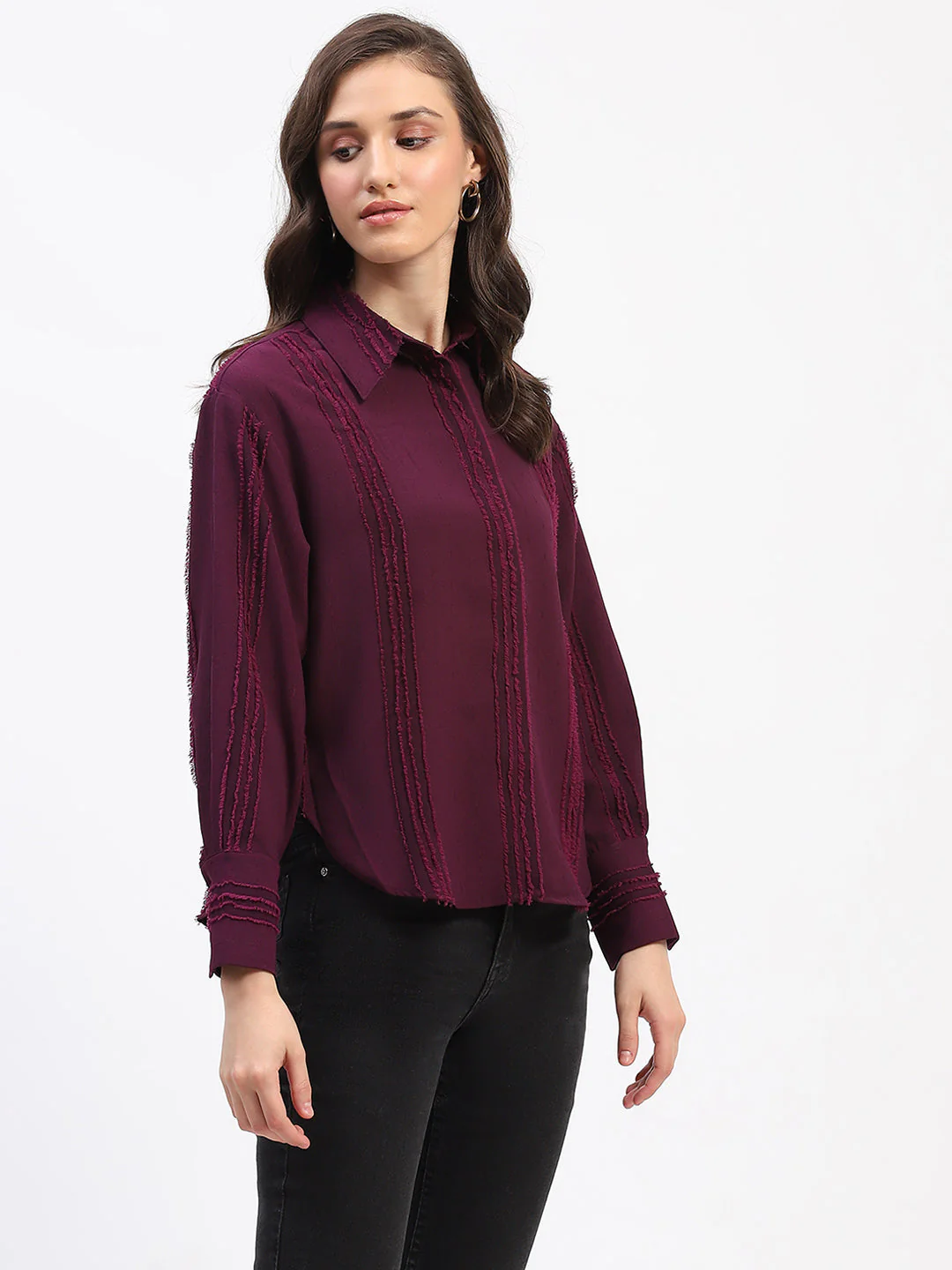 Madame Frayed Detailing Cuff Sleeve Plum Shirt - Image 3