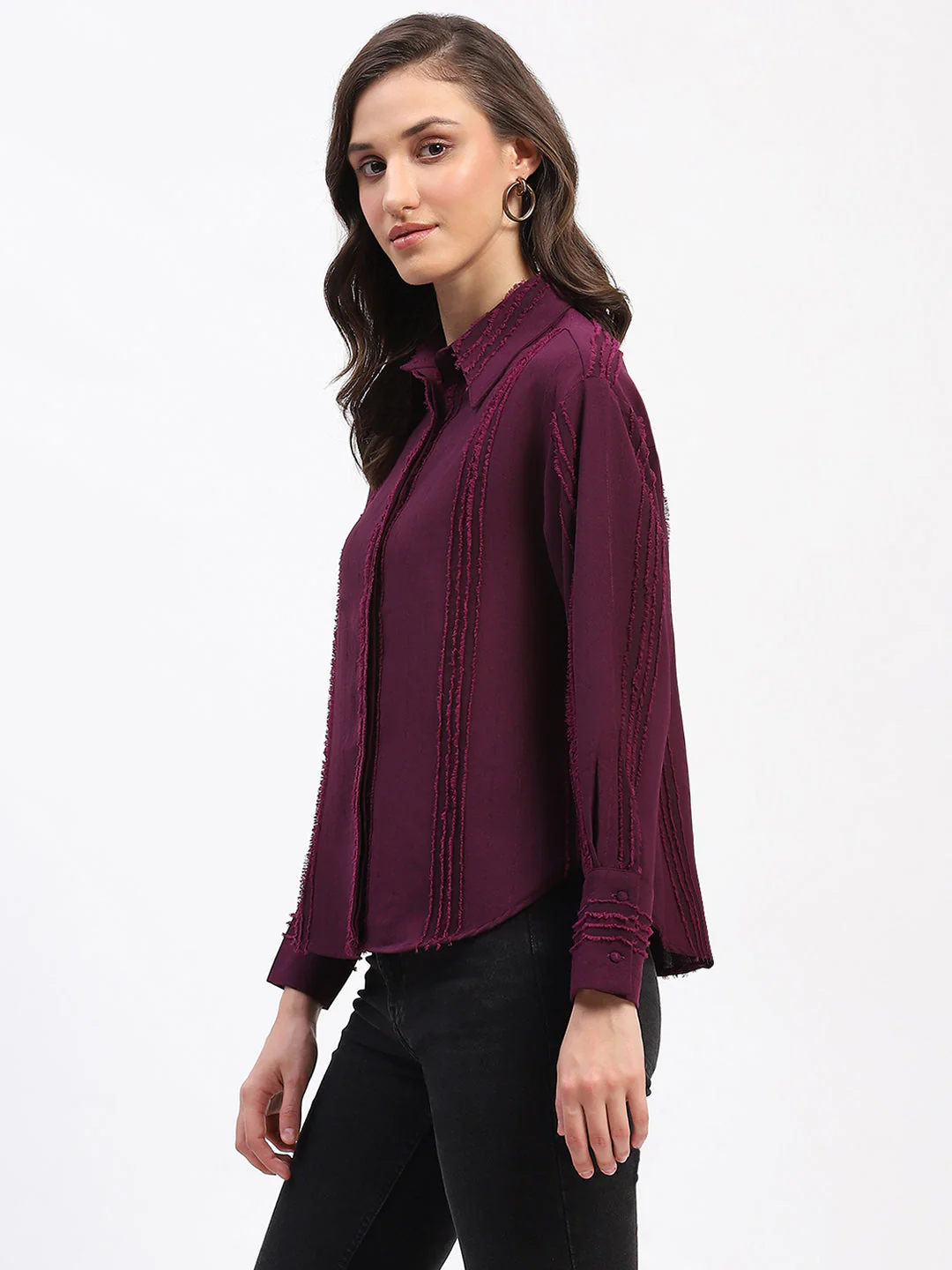 Madame Frayed Detailing Cuff Sleeve Plum Shirt - Image 4