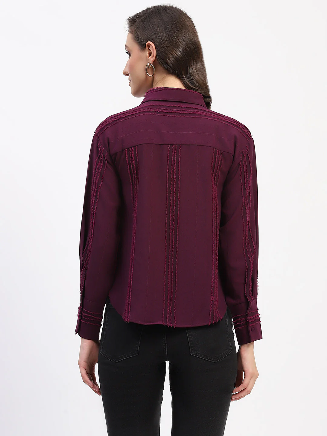 Madame Frayed Detailing Cuff Sleeve Plum Shirt - Image 5