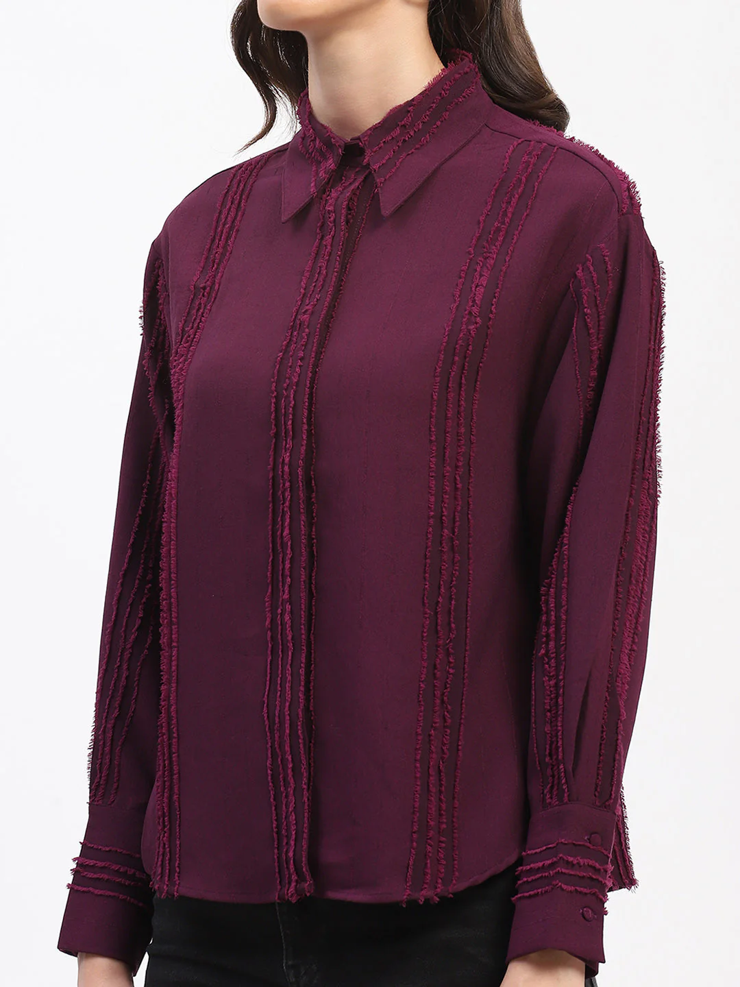 Madame Frayed Detailing Cuff Sleeve Plum Shirt - Image 6