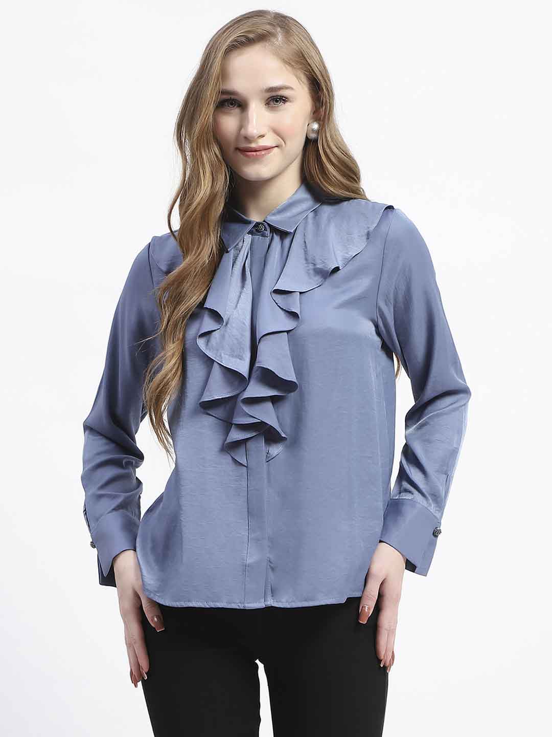 Madame Ruffle Collar Solid Blue Shirt - Image 2