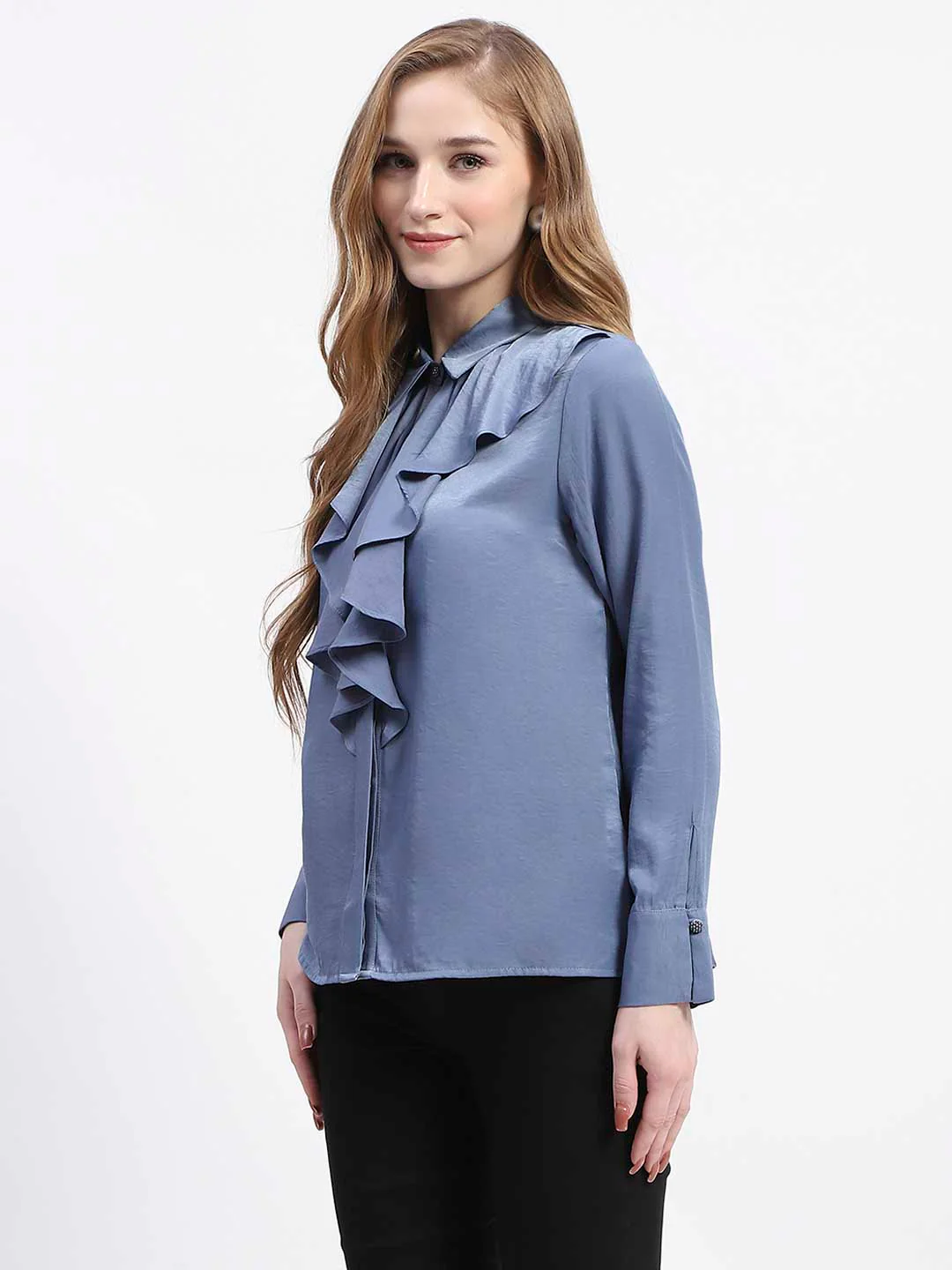 Madame Ruffle Collar Solid Blue Shirt - Image 4