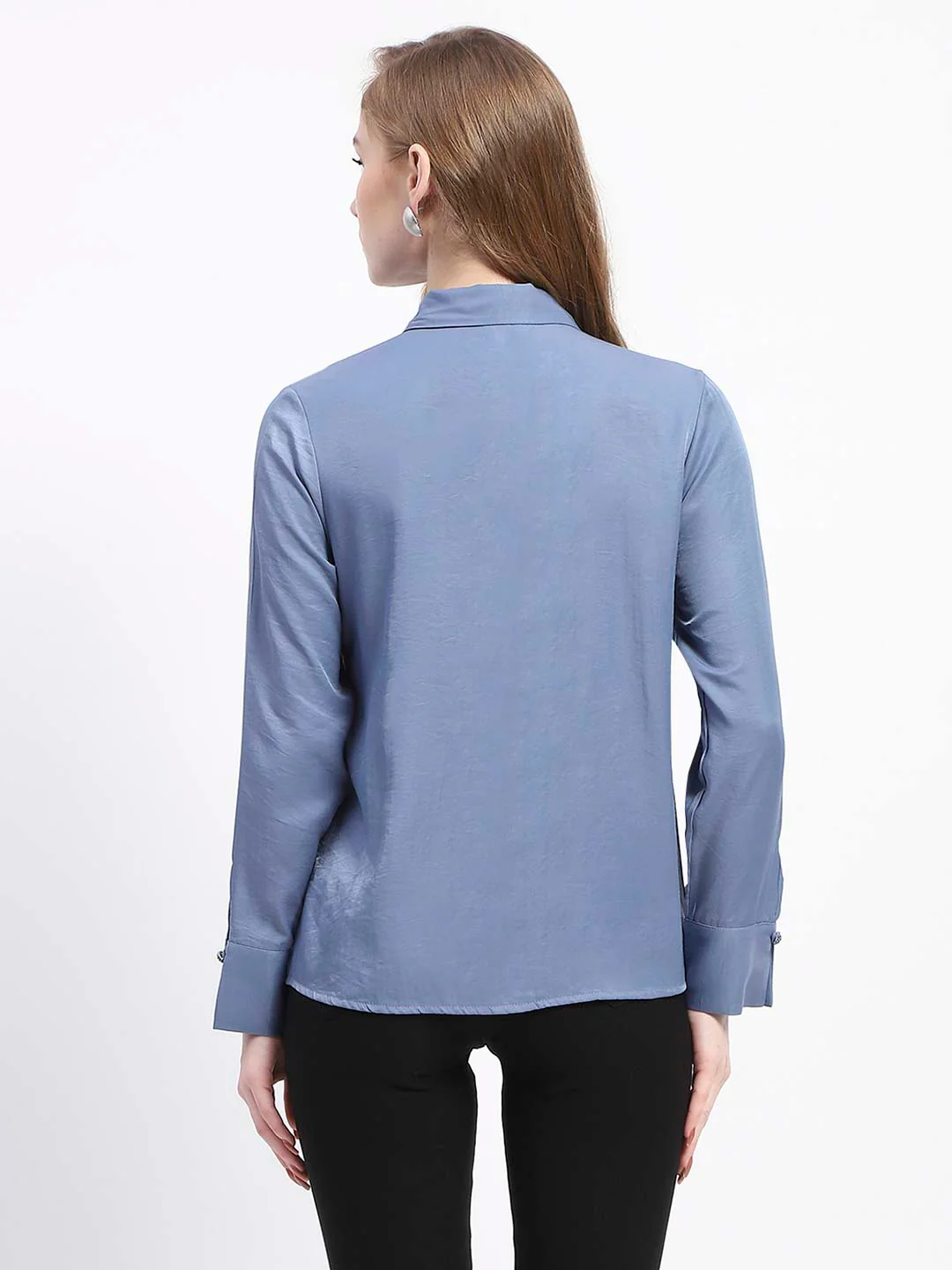 Madame Ruffle Collar Solid Blue Shirt - Image 5