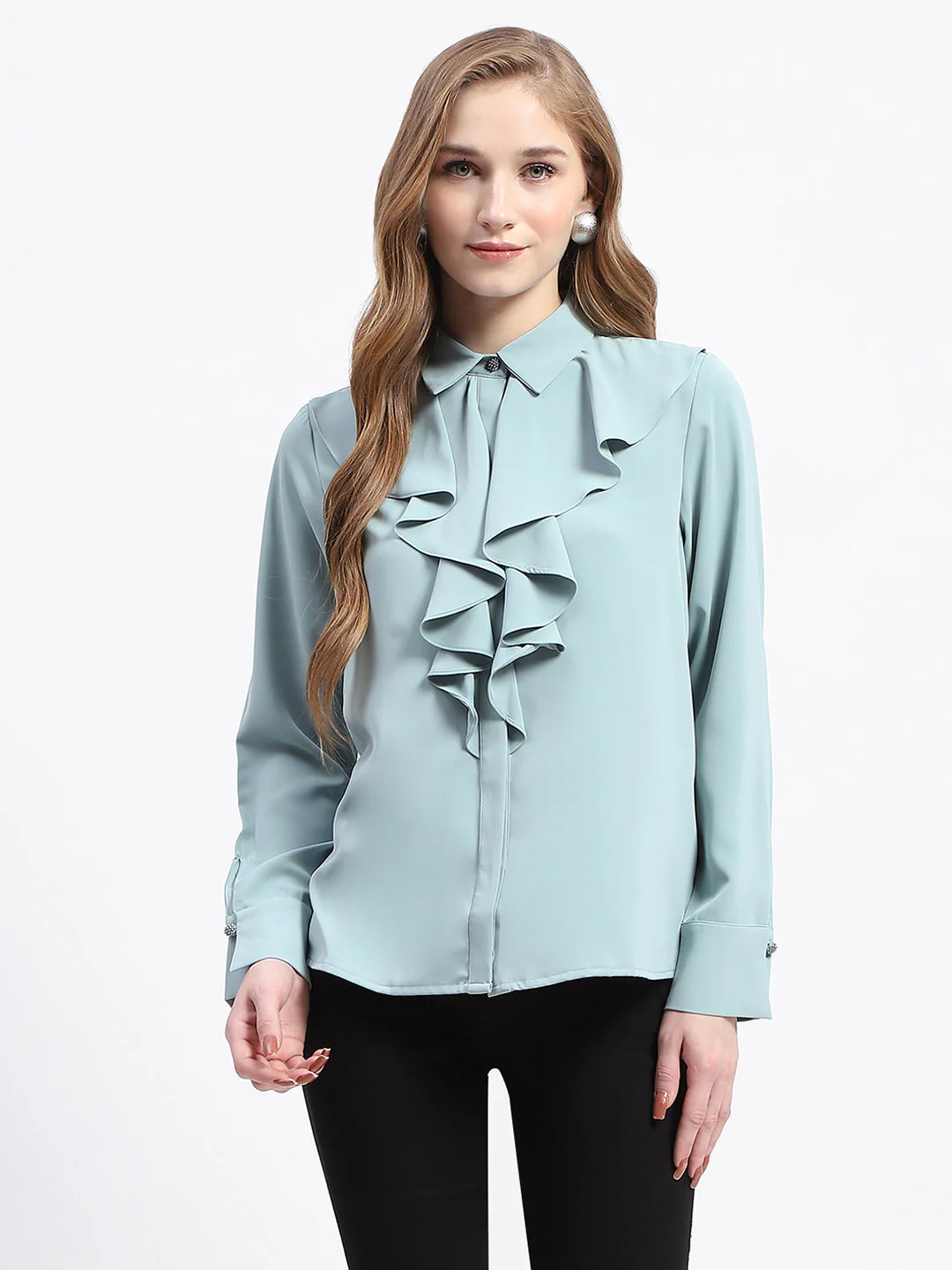 Madame Ruffle Collar Solid Grey Shirt - Image 2