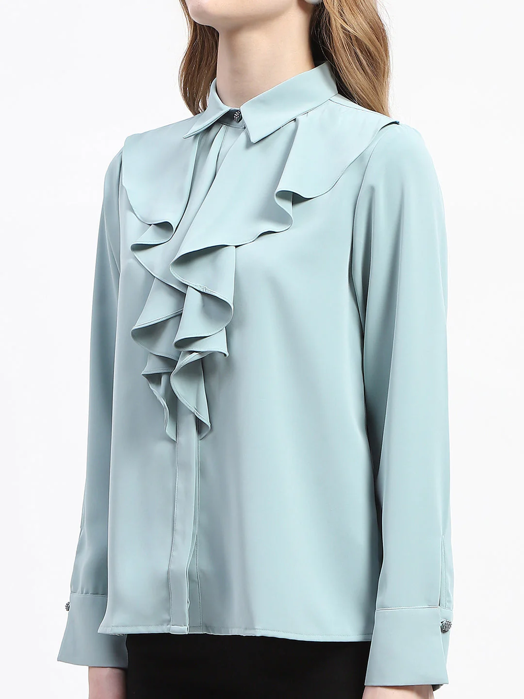 Madame Ruffle Collar Solid Grey Shirt - Image 6