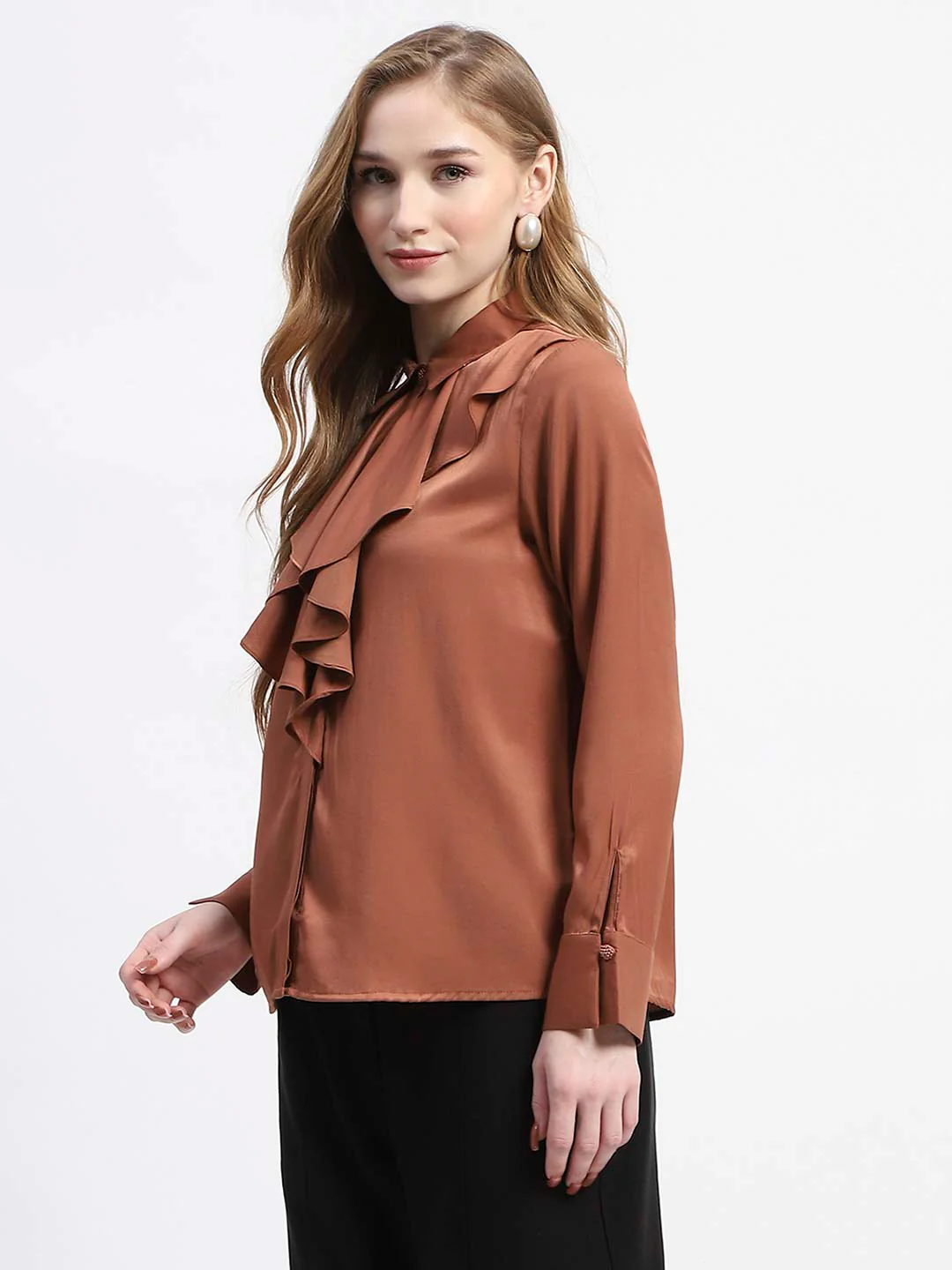 Madame Ruffle Collar Solid Rust Shirt - Image 4