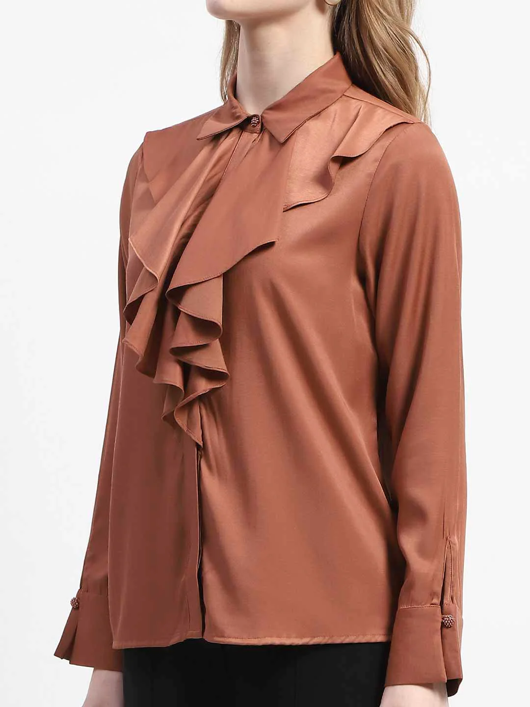 Madame Ruffle Collar Solid Rust Shirt - Image 6
