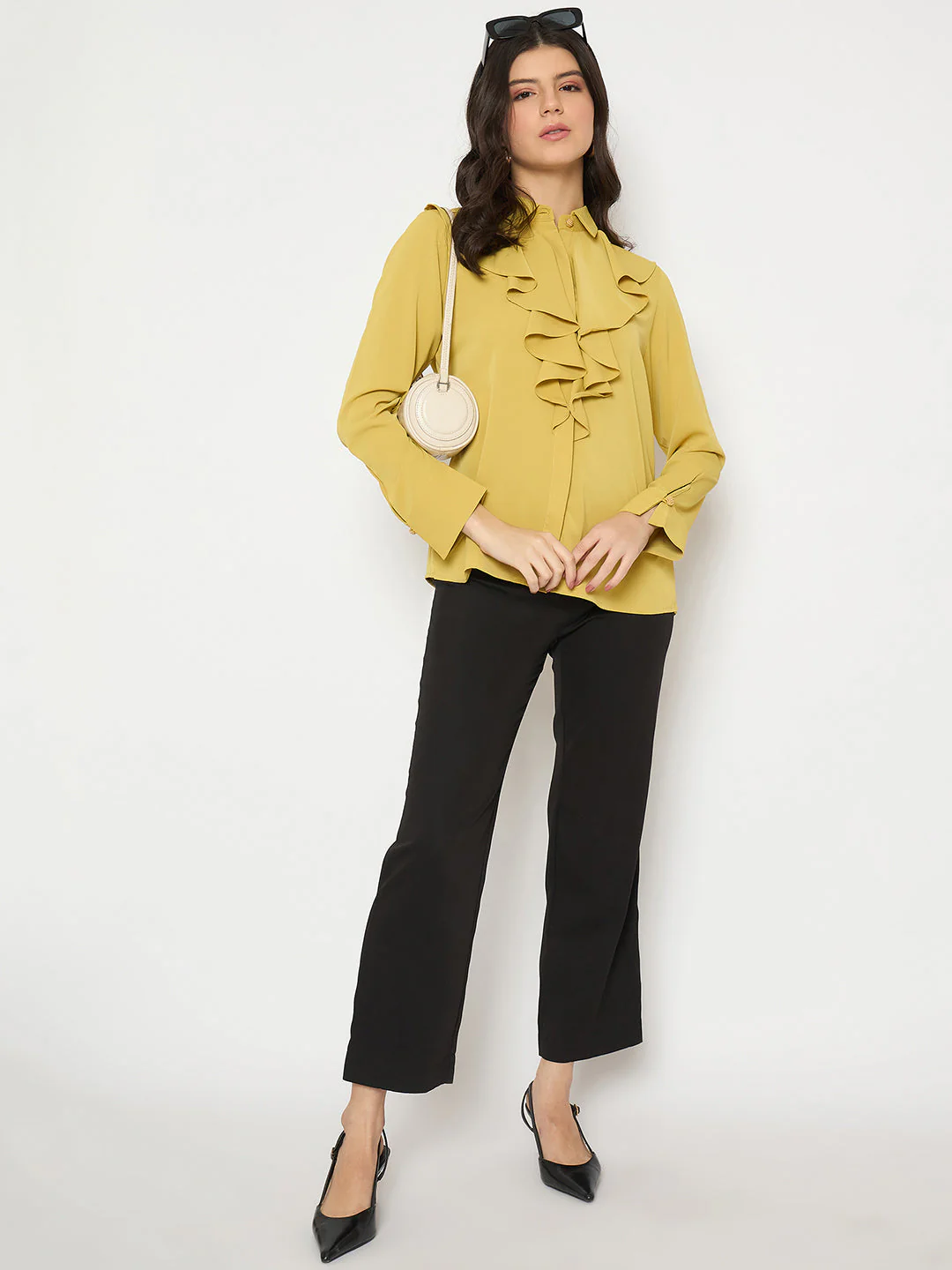 Madame Ruffle Collar Solid Yellow Shirt - Image 2