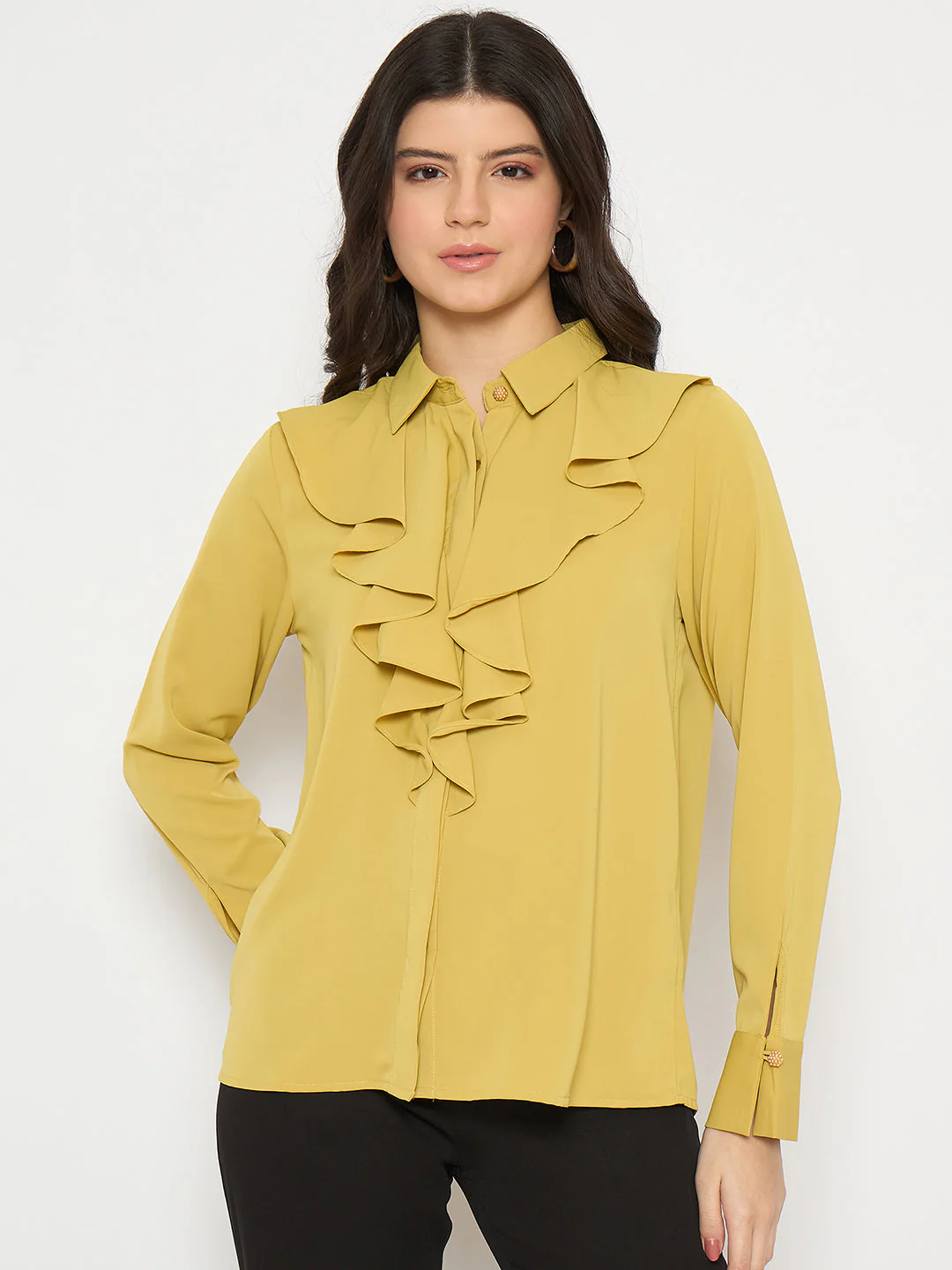 Madame Ruffle Collar Solid Yellow Shirt - Image 3