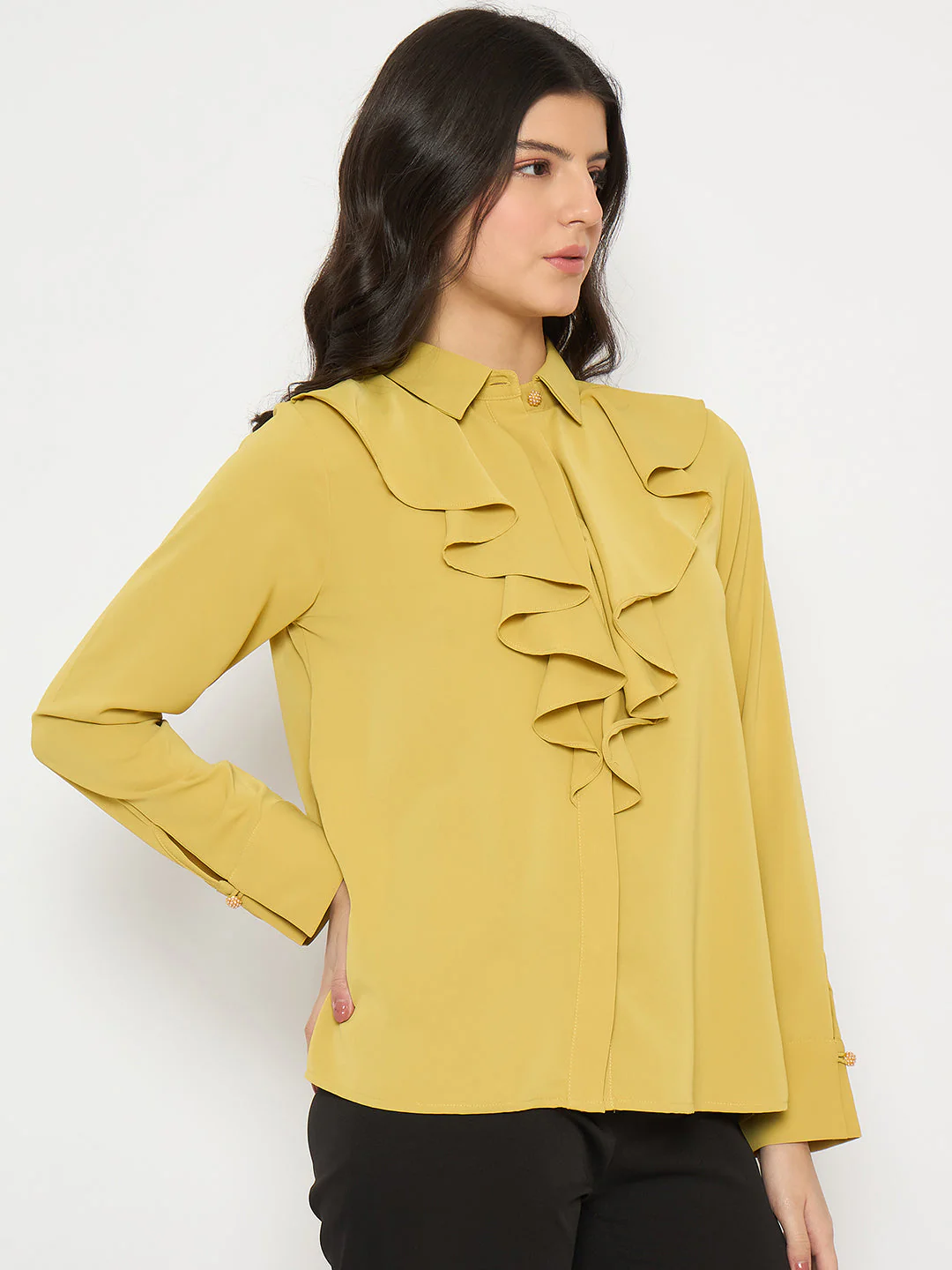 Madame Ruffle Collar Solid Yellow Shirt - Image 4