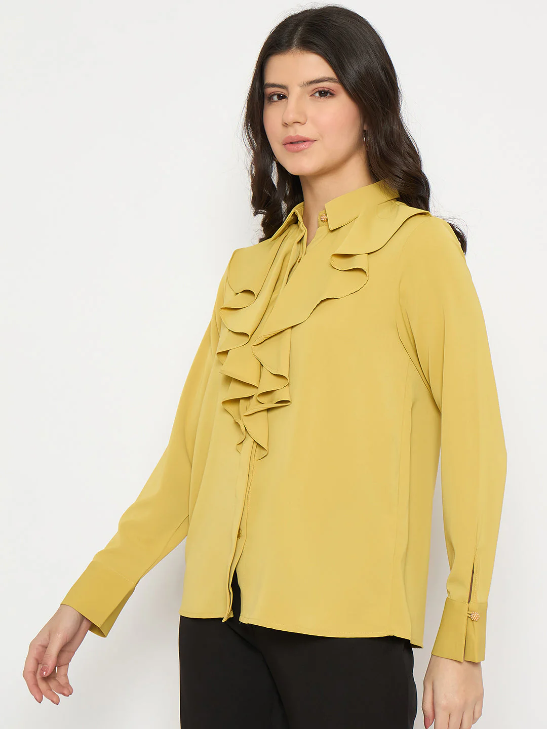 Madame Ruffle Collar Solid Yellow Shirt - Image 5