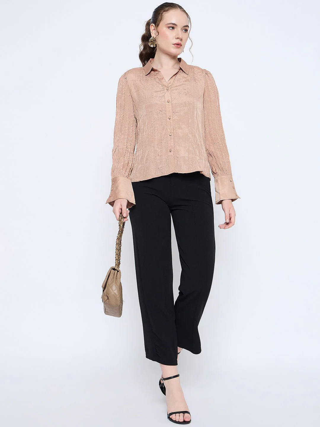 Madame Crushed Tissue Flounce Sleeve Beige Shirt - Image 2