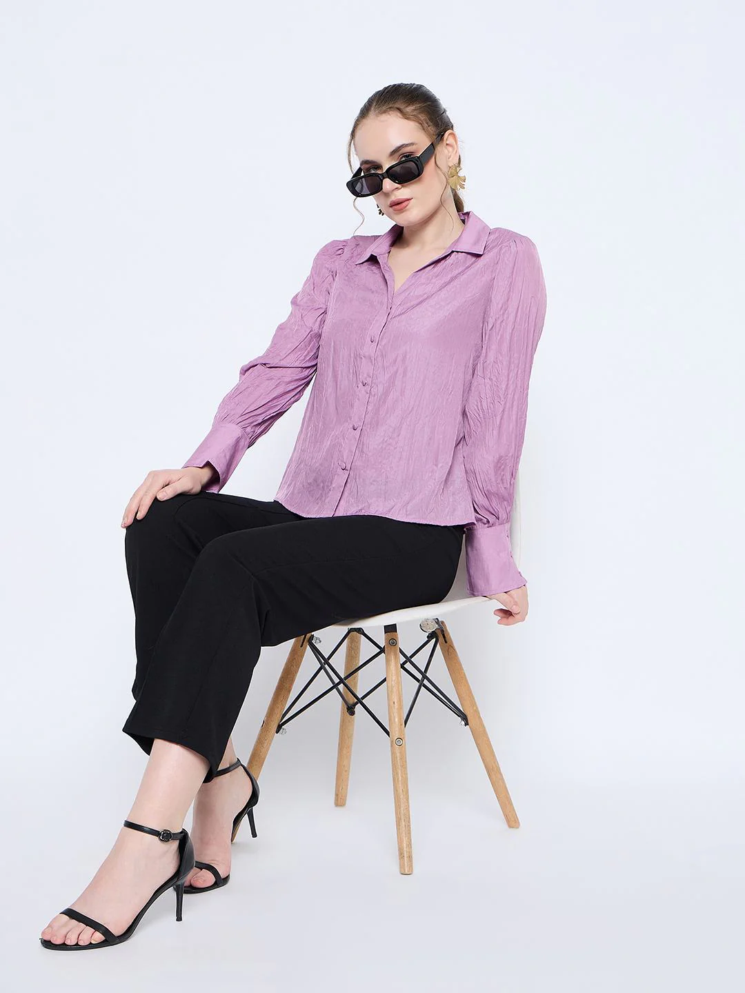 Madame Crushed Tissue Flounce Sleeve Muave Shirt - Image 2