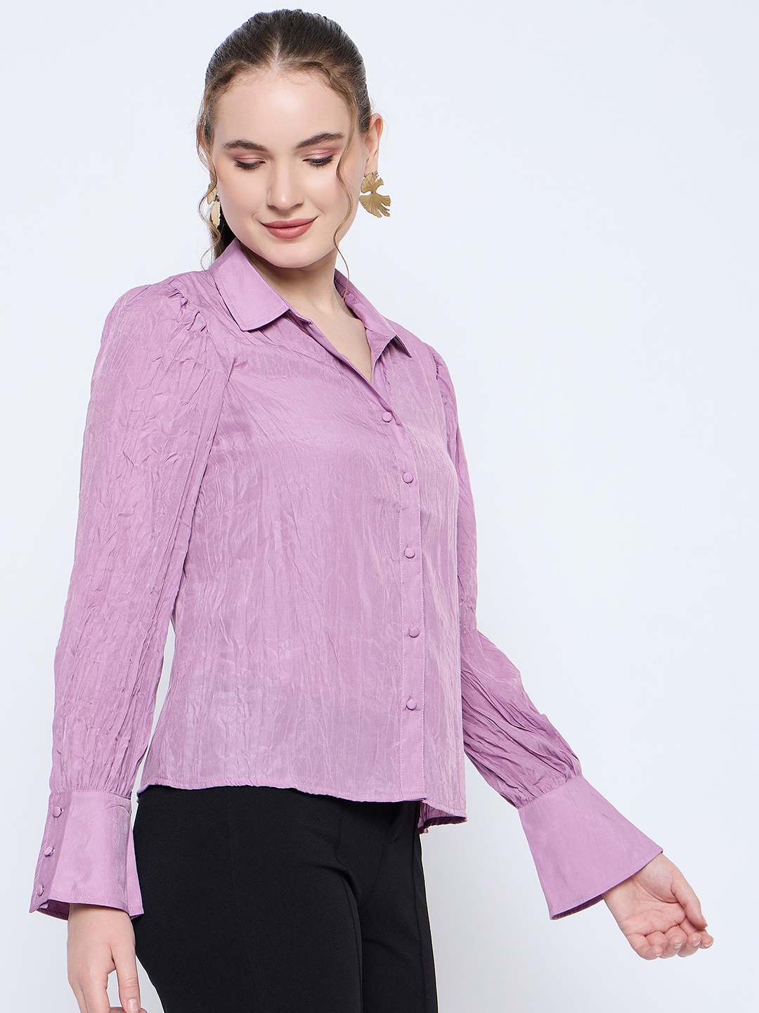 Madame Crushed Tissue Flounce Sleeve Muave Shirt - Image 3