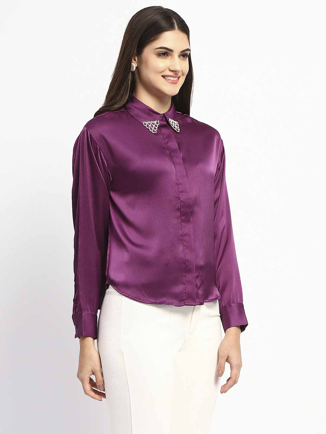 Madame Embellished Collar Cuff Sleeve Solid Purple Shirt - Image 3