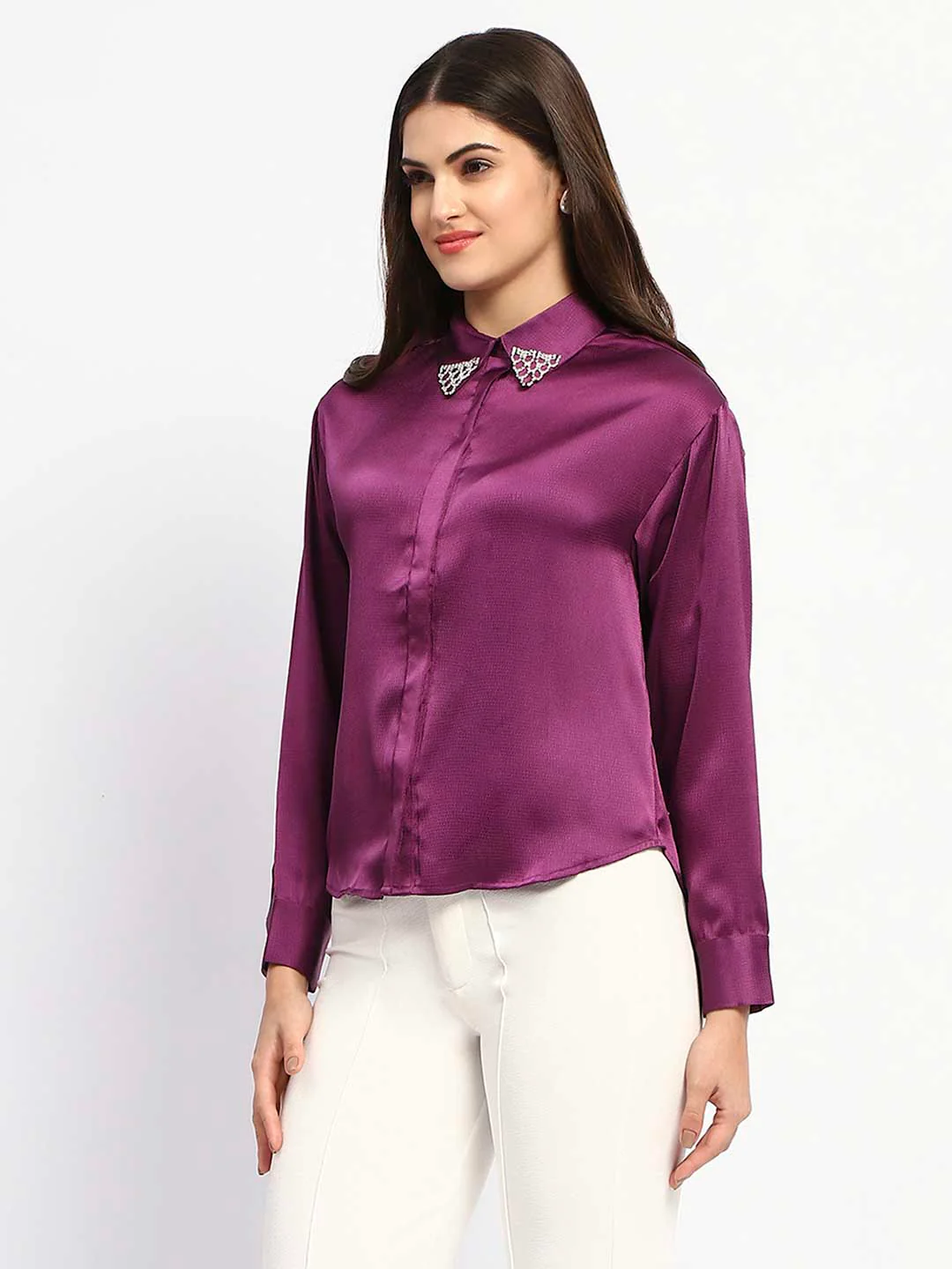 Madame Embellished Collar Cuff Sleeve Solid Purple Shirt - Image 4