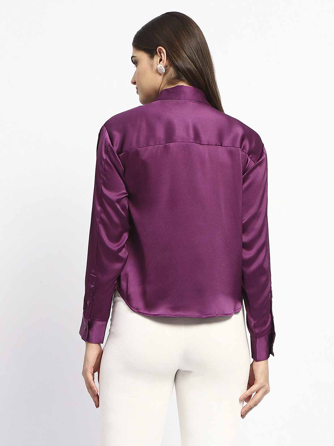 Madame Embellished Collar Cuff Sleeve Solid Purple Shirt - Image 5