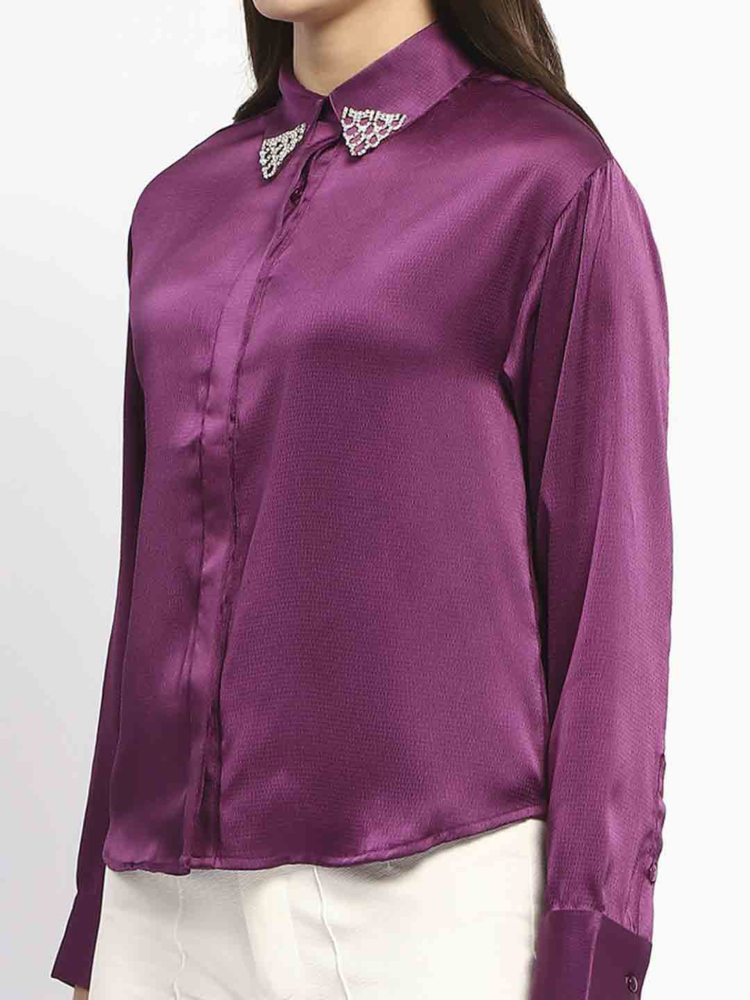 Madame Embellished Collar Cuff Sleeve Solid Purple Shirt - Image 6