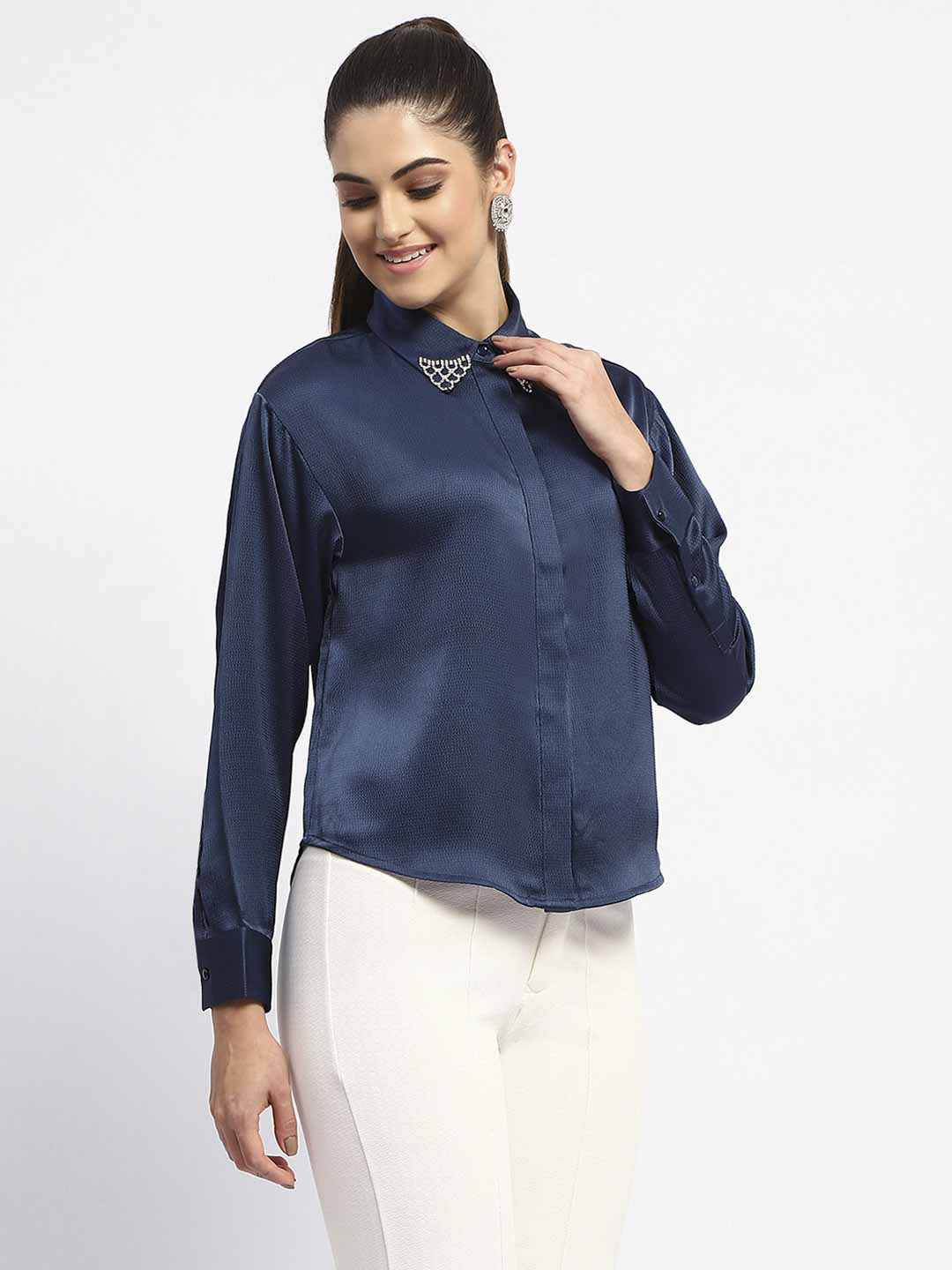 Madame Embellished Collar Cuff Sleeve Solid Teal Shirt - Image 3