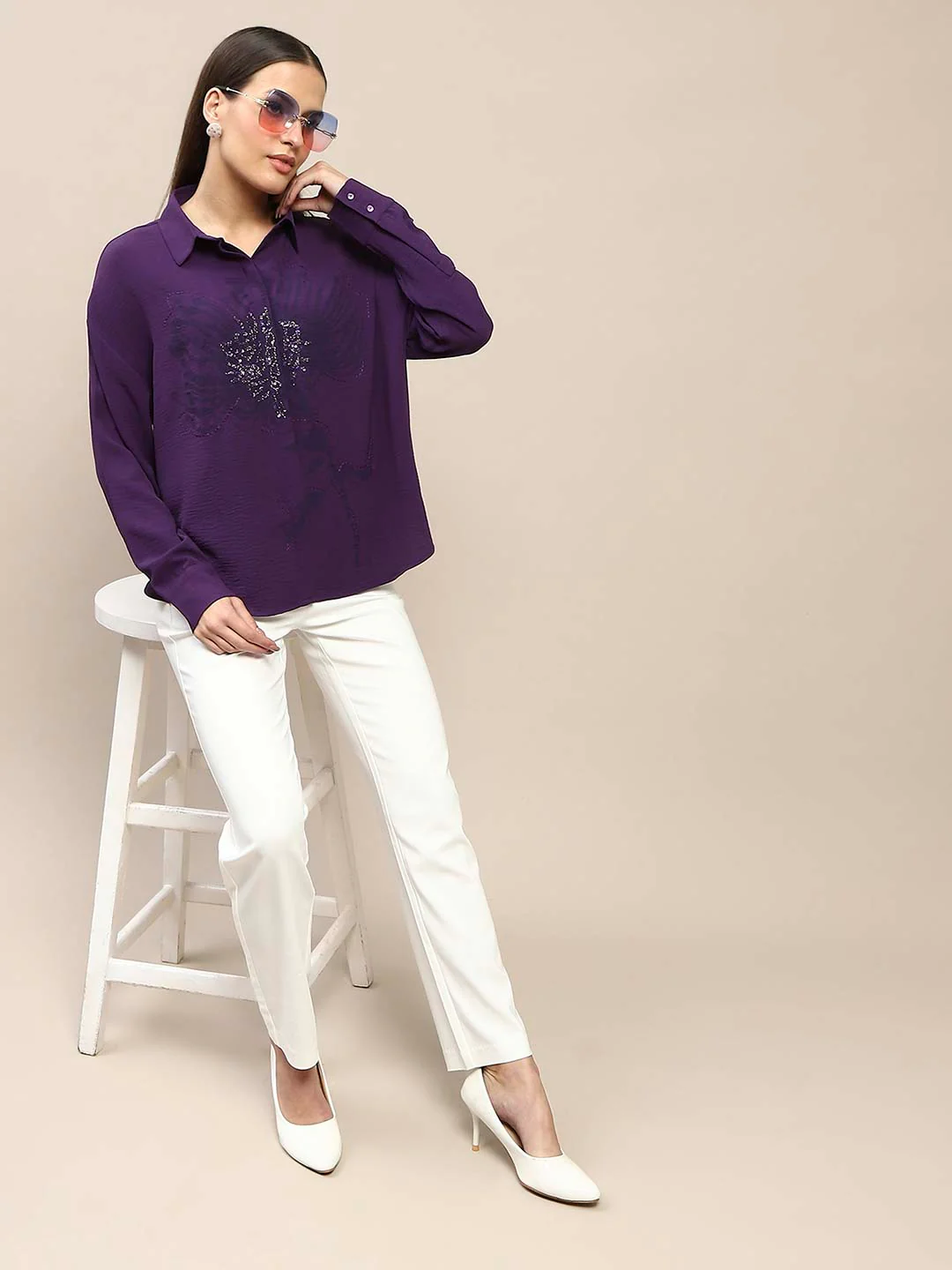 Madame Purple Print Sequin Embellished Shirt - Image 2