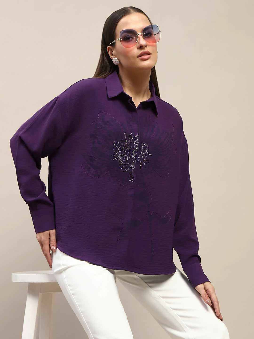 Madame Purple Print Sequin Embellished Shirt - Image 3