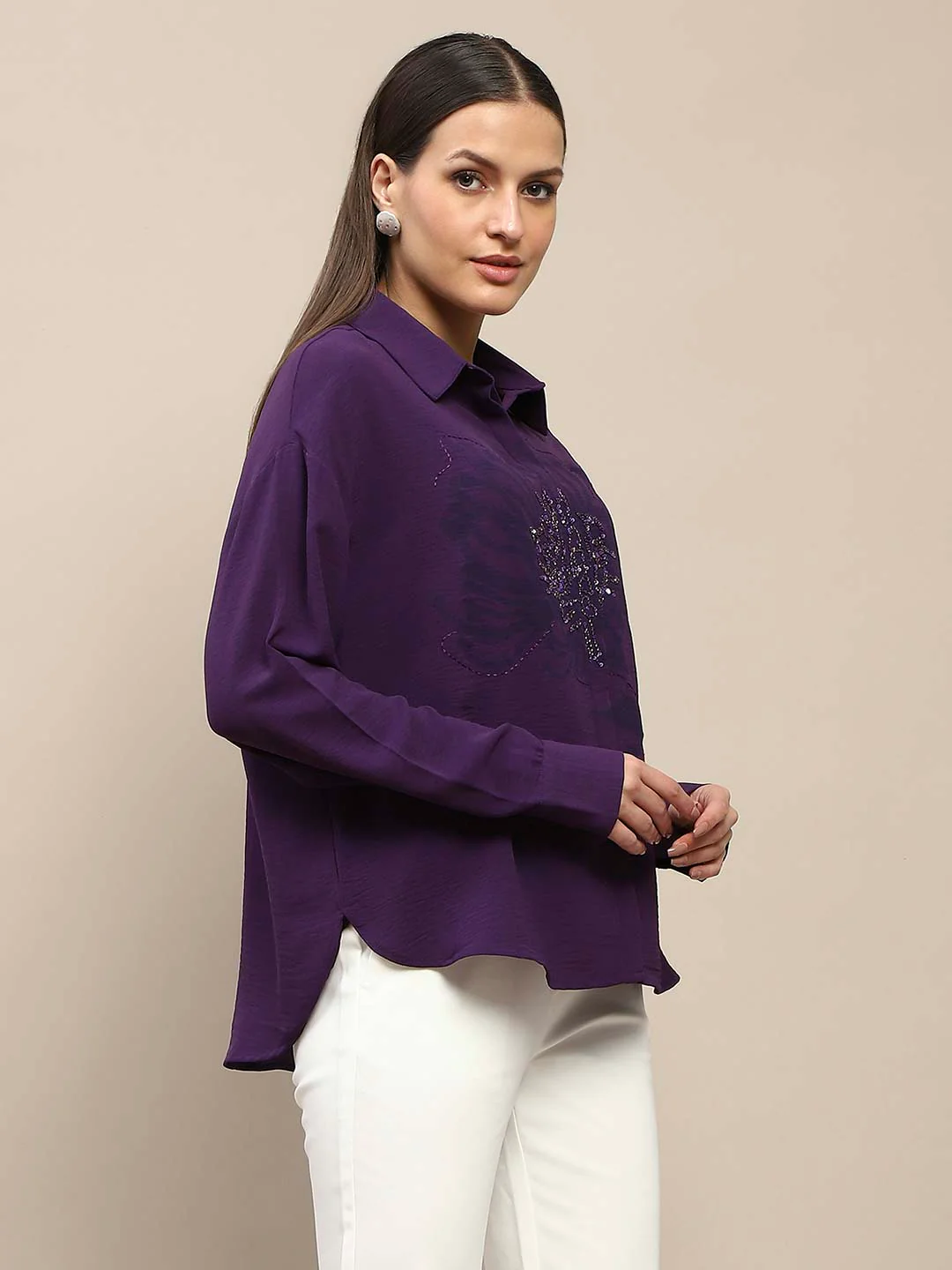 Madame Purple Print Sequin Embellished Shirt - Image 4